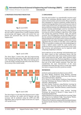 International Research Journal of Engineering and Technology (IRJET) e-ISSN: 2395-0056
Volume: 09 Issue: 01 | Jan 2022 www.irjet.net p-ISSN: 2395-0072
© 2022, IRJET | Impact Factor value: 7.529 | ISO 9001:2008 Certified Journal | Page 1641
4. PROPOSED STOCK PRICE PREDICTION
Fig -2: Level-0 DFD
The above Figure 2 is the Data Flow Diagram Level-0, where
the user selects a dataset from a certain company and the
pre-processing will happen, which will convert the raw
dataset into processed data, and the cleaning process
happens here.
Fig -3: Level-1 DFD
The above figure 3 shows that, after the preprocessing,
feature extraction takes place, which will be split into two
sets: Training and Testing. The 80% is for training and it
create the model. Testing will take 20% of the data and test
the accuracy of the trained model.
Fig -4: Level-1 DFD
The above Figure 4 is the Data Flow Diagram Level-2. After
feature extraction, the model will be selected, and the
accuracy will be predicted using the LSTM and LMS
algorithms. Next, we get the output in the form of a report
and a graph format.
5. CONCLUSIONS
Since the stock market is so unpredictable, investors must
invest after evaluating affecting aspects such as public
opinion, historical data, and news events. Many researchers
have attempted to construct prediction models based on
machine learning algorithms to forecast the precise value of
stocks using various tools and approaches, but have yet to
discover the best solution. Our methoddescribesa fewofthe
machine learning methodologies used by researchers to
forecast stock market trends and prices using machine
learning and artificial intelligence algorithms while taking
into account the numerous features, traits, and aspects
involved. The LSTM Algorithm and the LSM Algorithm are
the two primary methodologies mentioned in this paper.
Hybrid methods have also been used to constructprediction
models for the same; these strategies combine two or more
algorithms that are similar to one other, such as LSM and
LSTM. It is possible to combine any of the methodologies to
create a hybrid system model for stock market price
prediction; however, the system must be built in such a way
that accuracy and performance can be improved while
computing complexity is reduced.
Each model has its own advantage and disadvantage over
the others, based on their assessment factors and the
datasets used for their study. Some models perform better
when using historical data, while others perform better
when using sentiment data.Thefusionalgorithms, according
to the literature study, predictedresultswithmoreprecision
than any of the other models examined. They take into
consideration the main characteristics of the many
techniques that make them up, and as a result, they require
less time to compute than other prediction models.
REFERENCES
[1] Stock market prediction by Radu Iacomin (2015)
[2] Stock Market Prediction Using Machine Learning
Techniques by Mehak Usmani, Syed Hasan Adil, Kamran
Raza, Syed Saad Azhar Ali(2016)
[3] A Survey on Stock Market Prediction Using Machine
Learning Techniques by Polamuri Subba Rao, K. Srinivas,
A.Krishna Mohan(2020)
[4] Stock Market Prediction using Machine Learning by
Ishita Parmar, Navanshu Agarwal, Sheirsh Saxena, Ridam
Arora, Shikin Gupta, Himanshu Dhiman, Lokesh Chouhan
(2018)
[5]Share Price Predication using machine learning
Technique by Jeevan B, Naresh E, Vijaya kumar B P,
Prashanth Kambli(2018)
[6]Stock Market Forecasting using MachineLearning:Today
and Tomorrow by Sukhman Singh, Tarun Kumar Madan,
Jitendra Kumar, Ashutosh Kumar Singh(2019)
[7]Stock Price Prediction using machinelearningtechniques
by Sumeet Sarode, Harsha G.Tolani, Prateek kak, Lifna C S
(2019)
 