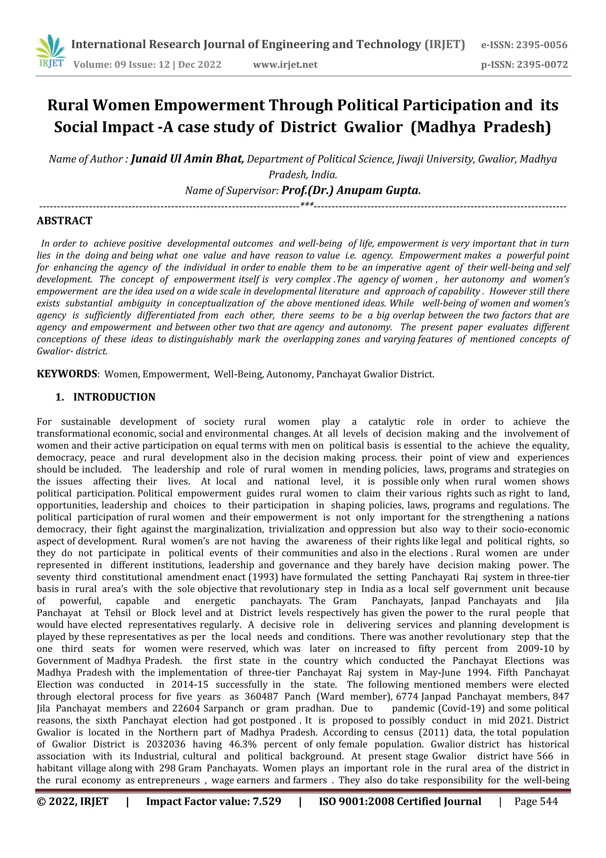 Rural Women Empowerment Through Political Participation and its Social ...