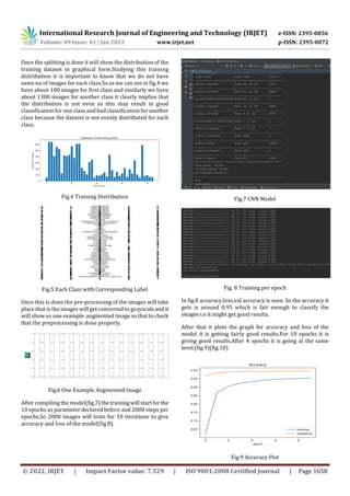 International Research Journal of Engineering and Technology (IRJET) e-ISSN: 2395-0056
Volume: 09 Issue: 01 | Jan 2022 www.irjet.net p-ISSN: 2395-0072
© 2022, IRJET | Impact Factor value: 7.529 | ISO 9001:2008 Certified Journal | Page 1658
Once the splitting is done it will show the distribution of the
training dataset in graphical form.Studying this training
distribution it is important to know that we do not have
same no of images for each class.So as we can see in fig.4 we
have about 100 images for first class and similarly we have
about 1300 images for another class it clearly implies that
the distribution is not even so this may result in good
classification for one class and bad classification for another
class because the dataset is not evenly distributed for each
class.
Fig.4 Training Distribution
Fig.5 Each Class with Corresponding Label
Once this is done the pre-processing of the images will take
place that is the images will get converted to grayscaleandit
will show us one example augmented image so thattocheck
that the preprocessing is done properly.
Fig.6 One Example Augmented Image
After compiling the model(fig.7)thetraining will startfor the
10 epochs as parameter declared before and 2000 steps per
epochs.So 2000 images will train for 10 iterations to give
accuracy and loss of the model(fig.8).
Fig.7 CNN Model
Fig. 8 Training per epoch
In fig.8 accuracy,loss,val accuracy is seen. So the accuracy it
gets is around 0.95 which is fair enough to classify the
images i.e it might get good results.
After that it plots the graph for accuracy and loss of the
model it is getting fairly good results.For 10 epochs it is
giving good results.After 4 epochs it is going at the same
level.(fig.9)(fig.10)
Fig.9 Accuracy Plot
 