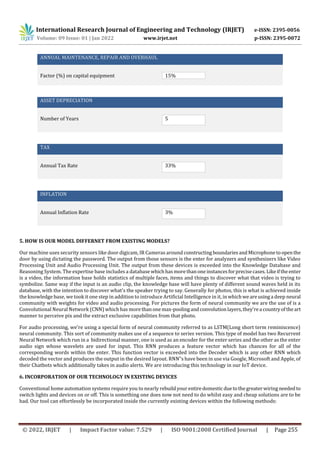 International Research Journal of Engineering and Technology (IRJET) e-ISSN: 2395-0056
Volume: 09 Issue: 01 | Jan 2022 www.irjet.net p-ISSN: 2395-0072
© 2022, IRJET | Impact Factor value: 7.529 | ISO 9001:2008 Certified Journal | Page 255
ANNUAL MAINTENANCE, REPAIR AND OVERHAUL
Factor (%) on capital equipment 15%
ASSET DEPRECIATION
Number of Years 5
TAX
Annual Tax Rate 33%
INFLATION
Annual Inflation Rate 3%
5. HOW IS OUR MODEL DIFFERNET FROM EXISTING MODELS?
Our machine uses security sensors like door digicam, IR Cameras around constructing boundariesandMicrophonetoopenthe
door by using dictating the password. The output from those sensors is the enter for analyzers and synthesizers like Video
Processing Unit and Audio Processing Unit. The output from these devices is exceeded into the Knowledge Database and
Reasoning System. The expertise base includes a database whichhasmorethanoneinstancesforprecisecases.Likeifthe enter
is a video, the information base holds statistics of multiple faces, items and things to discover what that video is trying to
symbolize. Same way if the input is an audio clip, the knowledge base will have plenty of different sound waves held in its
database, with the intention to discover what's the speaker trying to say. Generally for photos, this is what is achieved inside
the knowledge base, we took it one step in addition to introduce Artificial Intelligence in it, in whichweareusinga deep neural
community with weights for video and audio processing. For pictures the form of neural community we are the use of is a
Convolutional Neural Network (CNN) which has morethanonemax-poolingandconvolutionlayers,they'rea countryoftheart
manner to perceive pix and the extract exclusive capabilities from that photo.
For audio processing, we're using a special form of neural community referred to as LSTM(Long short term reminiscence)
neural community. This sort of community makes use of a sequence to series version. This type of model has two Recurrent
Neural Network which run in a bidirectional manner, one is used as an encoder for the enter series and the other as the enter
audio sign whose wavelets are used for input. This RNN produces a feature vector which has chances for all of the
corresponding words within the enter. This function vector is exceeded into the Decoder which is any other RNN which
decoded the vector and produces the output in the desired layout. RNN‟s have been in use via Google, Microsoft and Apple, of
their Chatbots which additionally takes in audio alerts. We are introducing this technology in our IoT device.
6. INCORPORATION OF OUR TECHNOLOGY IN EXISTING DEVICES
Conventional home automation systems require you to nearly rebuildyourentiredomesticduetothegreaterwiringneededto
switch lights and devices on or off. This is something one does now not need to do whilst easy and cheap solutions are to be
had. Our tool can effortlessly be incorporated inside the currently existing devices within the following methods:
 