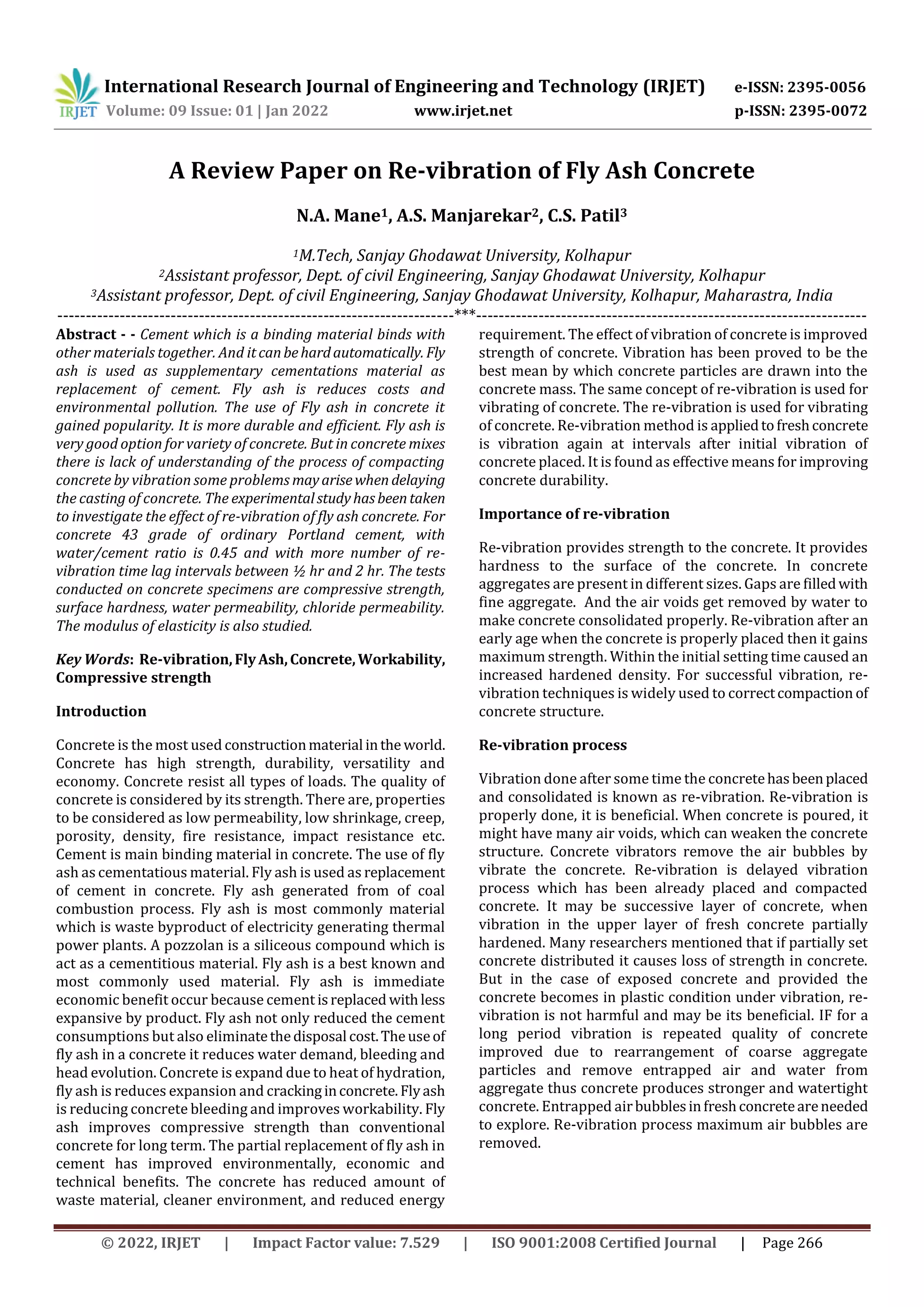 A Review Paper on Re-vibration of Fly Ash Concrete | PDF