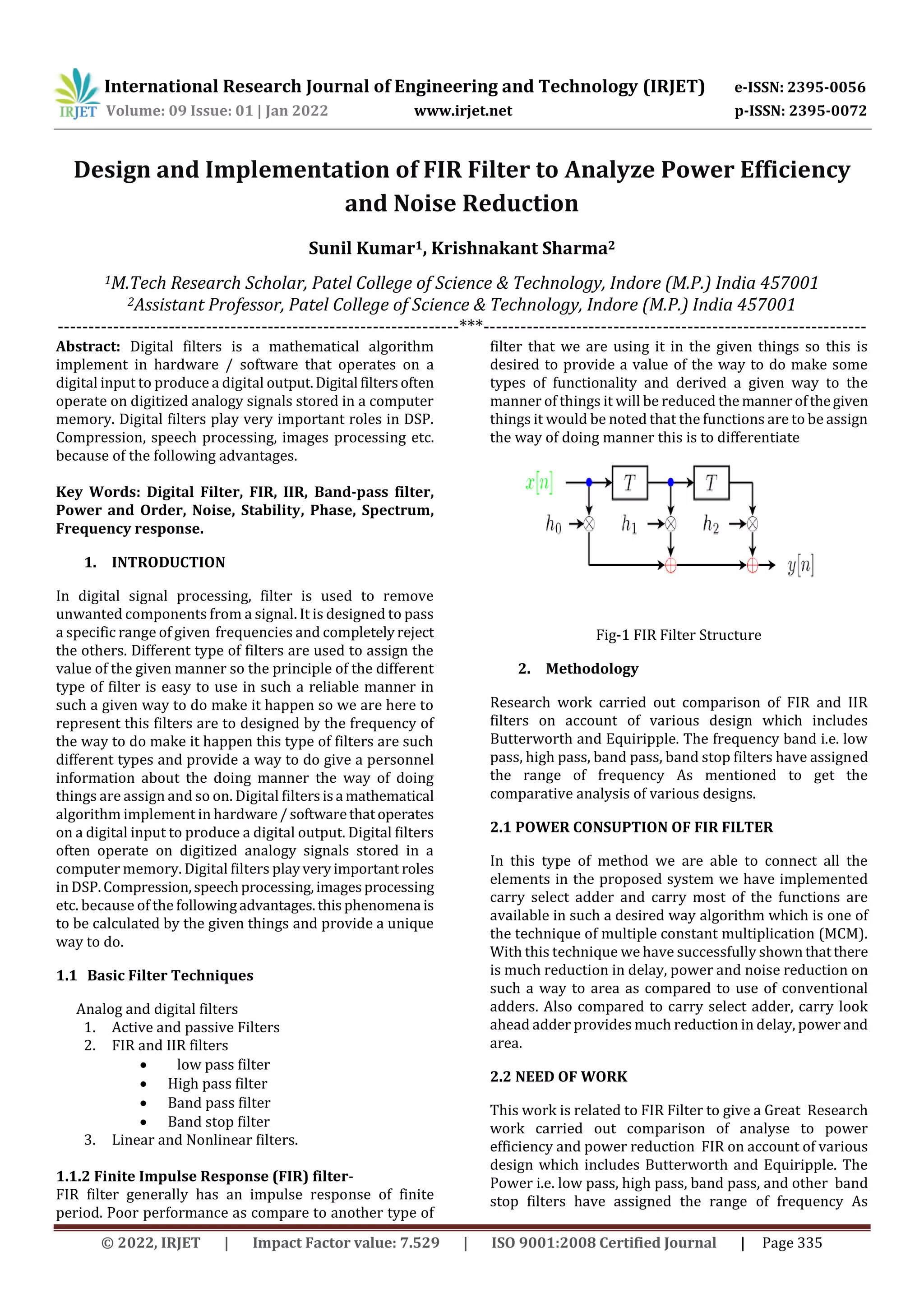 Design and Implementation of FIR Filter to Analyze Power Efficiency and ...