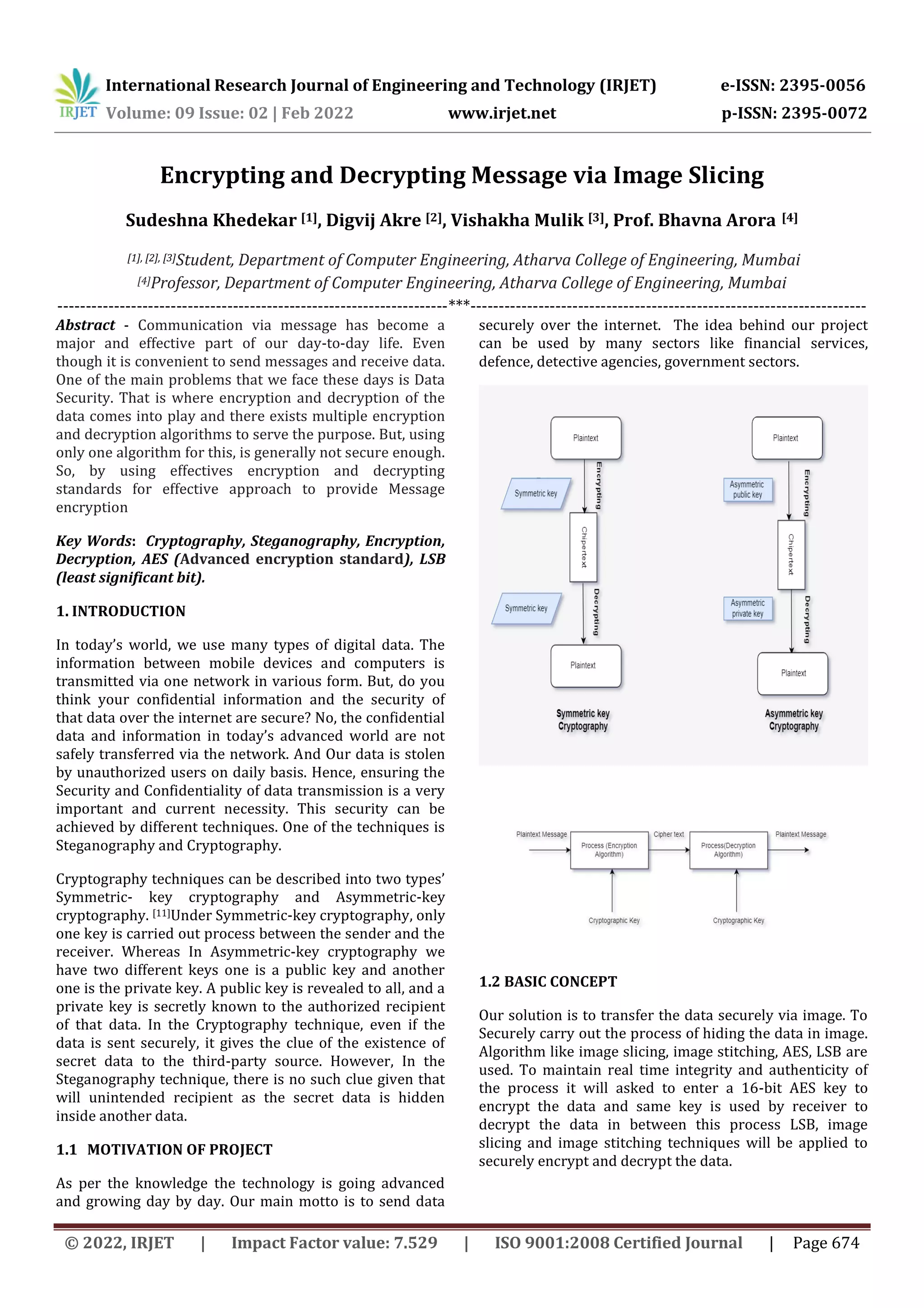 International Research Journal of Engineering and Technology (IRJET) e-ISSN: 2395-0056 Volume: 09 Issue: 02 | Feb 2022 www.irjet.net p-ISSN: 2395-0072 © 2022, IRJET | Impact Factor value: 7.529 | ISO 9001:2008 Certified Journal | Page 674 Encrypting and Decrypting Message via Image Slicing Sudeshna Khedekar [1], Digvij Akre [2], Vishakha Mulik [3], Prof. Bhavna Arora [4] [1], [2], [3]Student, Department of Computer Engineering, Atharva College of Engineering, Mumbai [4]Professor, Department of Computer Engineering, Atharva College of Engineering, Mumbai ---------------------------------------------------------------------***---------------------------------------------------------------------- Abstract - Communication via message has become a major and effective part of our day-to-day life. Even though it is convenient to send messages and receive data. One of the main problems that we face these days is Data Security. That is where encryption and decryption of the data comes into play and there exists multiple encryption and decryption algorithms to serve the purpose. But, using only one algorithm for this, is generally not secure enough. So, by using effectives encryption and decrypting standards for effective approach to provide Message encryption Key Words: Cryptography, Steganography, Encryption, Decryption, AES (Advanced encryption standard), LSB (least significant bit). 1. INTRODUCTION In today’s world, we use many types of digital data. The information between mobile devices and computers is transmitted via one network in various form. But, do you think your confidential information and the security of that data over the internet are secure? No, the confidential data and information in today’s advanced world are not safely transferred via the network. And Our data is stolen by unauthorized users on daily basis. Hence, ensuring the Security and Confidentiality of data transmission is a very important and current necessity. This security can be achieved by different techniques. One of the techniques is Steganography and Cryptography. Cryptography techniques can be described into two types’ Symmetric- key cryptography and Asymmetric-key cryptography. [11]Under Symmetric-key cryptography, only one key is carried out process between the sender and the receiver. Whereas In Asymmetric-key cryptography we have two different keys one is a public key and another one is the private key. A public key is revealed to all, and a private key is secretly known to the authorized recipient of that data. In the Cryptography technique, even if the data is sent securely, it gives the clue of the existence of secret data to the third-party source. However, In the Steganography technique, there is no such clue given that will unintended recipient as the secret data is hidden inside another data. 1.1 MOTIVATION OF PROJECT As per the knowledge the technology is going advanced and growing day by day. Our main motto is to send data securely over the internet. The idea behind our project can be used by many sectors like financial services, defence, detective agencies, government sectors. 1.2 BASIC CONCEPT Our solution is to transfer the data securely via image. To Securely carry out the process of hiding the data in image. Algorithm like image slicing, image stitching, AES, LSB are used. To maintain real time integrity and authenticity of the process it will asked to enter a 16-bit AES key to encrypt the data and same key is used by receiver to decrypt the data in between this process LSB, image slicing and image stitching techniques will be applied to securely encrypt and decrypt the data. 