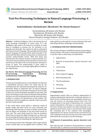 Text Pre Processing Techniques In Natural Language Processing A Review Text Pre Processing Techniques In Natural Language Processing A Review