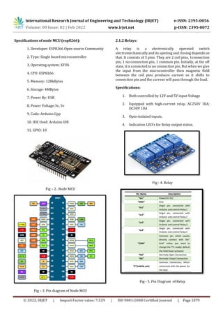 International Research Journal of Engineering and Technology (IRJET) e-ISSN: 2395-0056
Volume: 09 Issue: 02 | Feb 2022 www.irjet.net p-ISSN: 2395-0072
© 2022, IRJET | Impact Factor value: 7.529 | ISO 9001:2008 Certified Journal | Page 1079
Specifications of node MCU (esp8266):
1. Developer: ESP8266 Open source Community
2. Type: Single board microcontroller
3. Operating system: XTOS
4. CPU: ESP8266
5. Memory: 128kBytes
6. Storage: 4MBytes
7. Power By: USB
8. Power Voltage:3v, 5v
9. Code: Arduino Cpp
10. IDE Used: Arduino IDE
11. GPIO: 10
Fig – 2. .Node MCU
Fig – 3. Pin diagram of Node MCU
2.1.2 Relays:
A relay is a electronically operated switch
electromechanically and its opening and closing depends on
that. It consists of 5 pins. They are 2 coil pins, 1connection
pin, 1 no connection pin, 1 common pin. Initially, at the off
state, it is connected to no connection pin. But when we give
the input from the microcontroller then magnetic field
between the coil pins produces current so it shifts to
connection pin and the current will pass through the load.
Specifications:
1. Both controlled by 12V and 5V input Voltage
2. Equipped with high-current relay, AC250V 10A;
DC30V 10A
3. Opto-isolated inputs.
4. Indication LED’s for Relay output status.
Fig - 4. Relay
Fig - 5. Pin Diagram of Relay
 