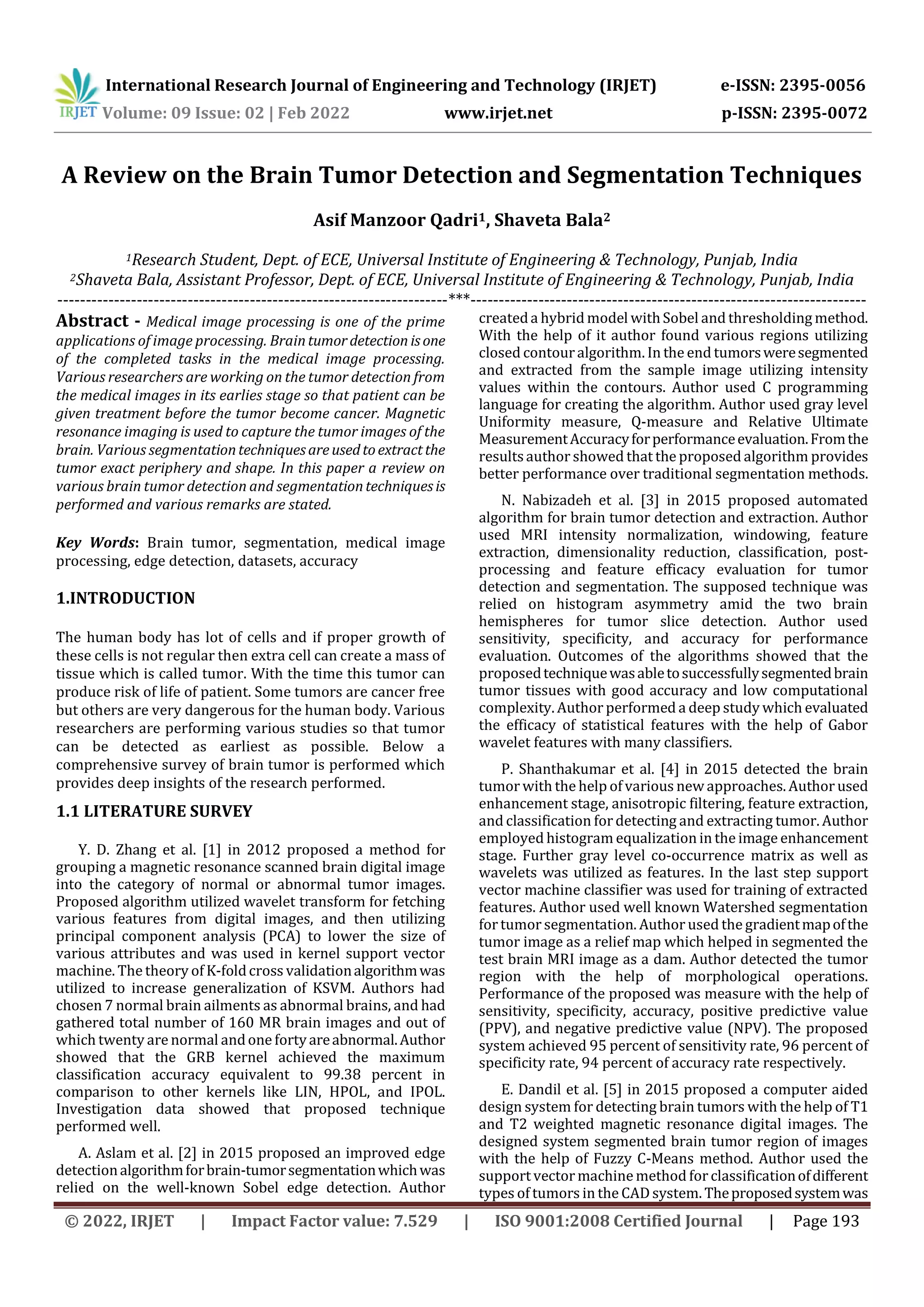 A Review on the Brain Tumor Detection and Segmentation Techniques | PDF