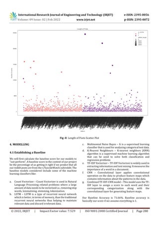 International Research Journal of Engineering and Technology (IRJET) e-ISSN: 2395-0056
Volume: 09 Issue: 02 | Feb 2022 www.irjet.net p-ISSN: 2395-0072
© 2022, IRJET | Impact Factor value: 7.529 | ISO 9001:2008 Certified Journal | Page 280
Fig -8: Length of Posts Scatter Plot
4. MODELLING
4.1 Establishing a Baseline
We will first calculate the baseline score for our models to
"out-perform". A baseline score in the context of our project
be the percentage of us getting it right if we predict that all
our reddit posts are from the r/SuicideWatch subreddit. The
baseline models considered include some of the machine
learning classifiers like:
a. Count Vectorizer – Count Vectorizer is used in Natural
Language Processing related problems where a large
amount of data needs to bevectorizedi.e., removingstop
words, lemmatizing, stemming, tokenization.
b. LSTM – LSTM is a type of recurrent neural network
which is better, in terms of memory, than thetraditional
recurrent neural networks thus helping to maintain
relevant data and discard irrelevant data.
c. Multinomial Naive Bayes – It is a supervised learning
classifier that is used for analyzing categorical text data.
d. K-Nearest Neighbours – K-nearest neighbors (KNN)
algorithm is a supervised machine learning algorithm
that can be used to solve both classification and
regression problems
e. TF-IDF Vectorizer – TF-IDF Vectorizer is widely used in
extracting information and text mining. It measures the
importance of a word in a document.
f. CNN – Convolutional layer applies convolutional
operation on the data to produce feature maps which
contains information about the patterns in the data.
g. Combined TF-IDF-CNN model – This model uses the TF-
IDF layer to assign a score to each word and their
corresponding categorization along with the
convolutional layer for generating feature maps.
Our Baseline Accuracy is 71.66%. Baseline accuracy is
basically our score if we assume everything is 1.
 