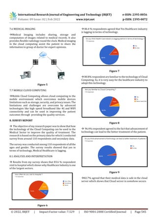 International Research Journal of Engineering and Technology (IRJET) e-ISSN: 2395-0056
Volume: 09 Issue: 02 | Feb 2022 www.irjet.net p-ISSN: 2395-0072
© 2022, IRJET | Impact Factor value: 7.529 | ISO 9001:2008 Certified Journal | Page 545
7.6 MEDICAL IMAGING
Medical Imaging includes sharing, storage and
computation of images related to medical records. It also
provides flexible radiology round the clock. Medical imaging
in the cloud computing assist the patient to share the
information to group of doctor for expert opinions.
Figure 5
7.7 MOBILE CLOUD COMPUTING
Mobile Cloud Computing allows cloud computing to the
mobile environment which overcomes mobile devices
limitations such as storage, security, and privacy issues. The
limitations and challenges are overcome by advanced
technologies like high speed broadband like 4G and WIFI
connectivity and can be used in improving the patient
outcomes through providing the quality services.
8. SURVEY REPORT
 The objective of my research paper was toshowthathow
the technology of the Cloud Computing can be used in the
Medical Sector to improve the quality of treatment. The
research is based on the primary data for which I conducted
survey from around 110 respondents and secondary data.
The survey was conducted among 110 respondentsofall the
ages and gender. The survey results showed that yes in
terms of technology, Medical Healthcare is lagging.
8.1 ANALYSIS AND INTERPRETATION
 Results from my survey shows that 83.6 % respondent
visit to hospital which shows why HealthcareIndustryisone
of the largest sectors.
Figure 6
 86.4 % respondents agreed that Yes Healthcare industry
is lagging in terms of technology.
Figure 7
 80.8% respondent are familiar to the technology of Cloud
Computing. So, it is very easy for the healthcare industry to
adopt this technology.
Figure 8
 96.4% respondent agreed to the factthatadvancement of
technology can lead to the better treatment of the patient.
Figure 9
82.7% agreed that their medical data is safe in the cloud
server which shows that Cloud server in somehow secure.
 
