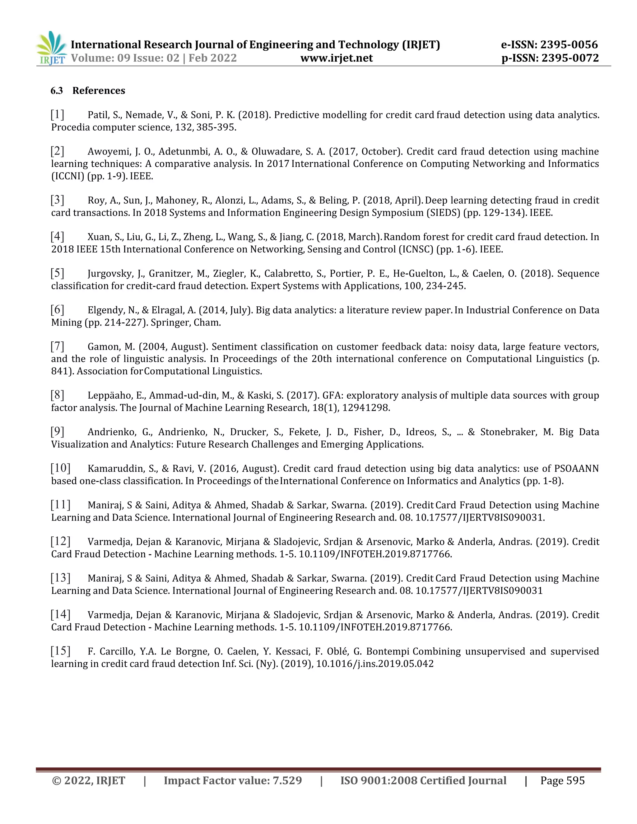 International Research Journal of Engineering and Technology (IRJET) e-ISSN: 2395-0056
Volume: 09 Issue: 02 | Feb 2022 www.irjet.net p-ISSN: 2395-0072
© 2022, IRJET | Impact Factor value: 7.529 | ISO 9001:2008 Certified Journal | Page 595
6.3 References
[1] Patil, S., Nemade, V., & Soni, P. K. (2018). Predictive modelling for credit card fraud detection using data analytics.
Procedia computer science, 132, 385-395.
[2] Awoyemi, J. O., Adetunmbi, A. O., & Oluwadare, S. A. (2017, October). Credit card fraud detection using machine
learning techniques: A comparative analysis. In 2017 International Conference on Computing Networking and Informatics
(ICCNI) (pp. 1-9). IEEE.
[3] Roy, A., Sun, J., Mahoney, R., Alonzi, L., Adams, S., & Beling, P. (2018, April).Deep learning detecting fraud in credit
card transactions. In 2018 Systems and Information Engineering Design Symposium (SIEDS) (pp. 129-134). IEEE.
[4] Xuan, S., Liu, G., Li, Z., Zheng, L., Wang, S., & Jiang, C. (2018, March).Random forest for credit card fraud detection. In
2018 IEEE 15th International Conference on Networking, Sensing and Control (ICNSC) (pp. 1-6). IEEE.
[5] Jurgovsky, J., Granitzer, M., Ziegler, K., Calabretto, S., Portier, P. E., He-Guelton, L., & Caelen, O. (2018). Sequence
classification for credit-card fraud detection. Expert Systems with Applications, 100, 234-245.
[6] Elgendy, N., & Elragal, A. (2014, July). Big data analytics: a literature review paper. In Industrial Conference on Data
Mining (pp. 214-227). Springer, Cham.
[7] Gamon, M. (2004, August). Sentiment classification on customer feedback data: noisy data, large feature vectors,
and the role of linguistic analysis. In Proceedings of the 20th international conference on Computational Linguistics (p.
841). Association forComputational Linguistics.
[8] Leppäaho, E., Ammad-ud-din, M., & Kaski, S. (2017). GFA: exploratory analysis of multiple data sources with group
factor analysis. The Journal of Machine Learning Research, 18(1), 12941298.
[9] Andrienko, G., Andrienko, N., Drucker, S., Fekete, J. D., Fisher, D., Idreos, S., ... & Stonebraker, M. Big Data
Visualization and Analytics: Future Research Challenges and Emerging Applications.
[10] Kamaruddin, S., & Ravi, V. (2016, August). Credit card fraud detection using big data analytics: use of PSOAANN
based one-class classification. In Proceedings of theInternational Conference on Informatics and Analytics (pp. 1-8).
[11] Maniraj, S & Saini, Aditya & Ahmed, Shadab & Sarkar, Swarna. (2019). CreditCard Fraud Detection using Machine
Learning and Data Science. International Journal of Engineering Research and. 08. 10.17577/IJERTV8IS090031.
[12] Varmedja, Dejan & Karanovic, Mirjana & Sladojevic, Srdjan & Arsenovic, Marko & Anderla, Andras. (2019). Credit
Card Fraud Detection - Machine Learning methods. 1-5. 10.1109/INFOTEH.2019.8717766.
[13] Maniraj, S & Saini, Aditya & Ahmed, Shadab & Sarkar, Swarna. (2019). Credit Card Fraud Detection using Machine
Learning and Data Science. International Journal of Engineering Research and. 08. 10.17577/IJERTV8IS090031
[14] Varmedja, Dejan & Karanovic, Mirjana & Sladojevic, Srdjan & Arsenovic, Marko & Anderla, Andras. (2019). Credit
Card Fraud Detection - Machine Learning methods. 1-5. 10.1109/INFOTEH.2019.8717766.
[15] F. Carcillo, Y.A. Le Borgne, O. Caelen, Y. Kessaci, F. Oblé, G. Bontempi Combining unsupervised and supervised
learning in credit card fraud detection Inf. Sci. (Ny). (2019), 10.1016/j.ins.2019.05.042
 