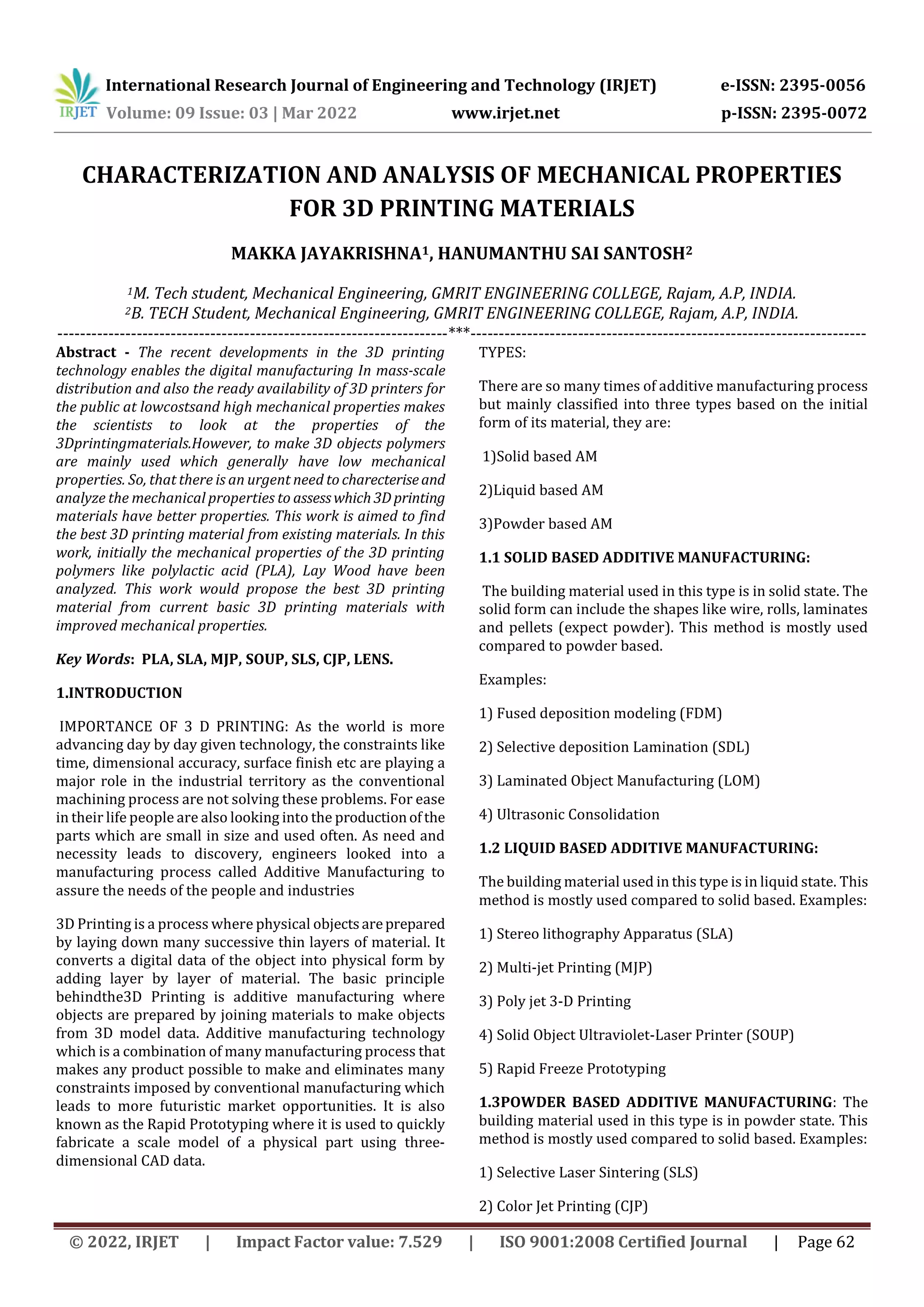 CHARACTERIZATION AND ANALYSIS OF MECHANICAL PROPERTIES FOR 3D PRINTING ...