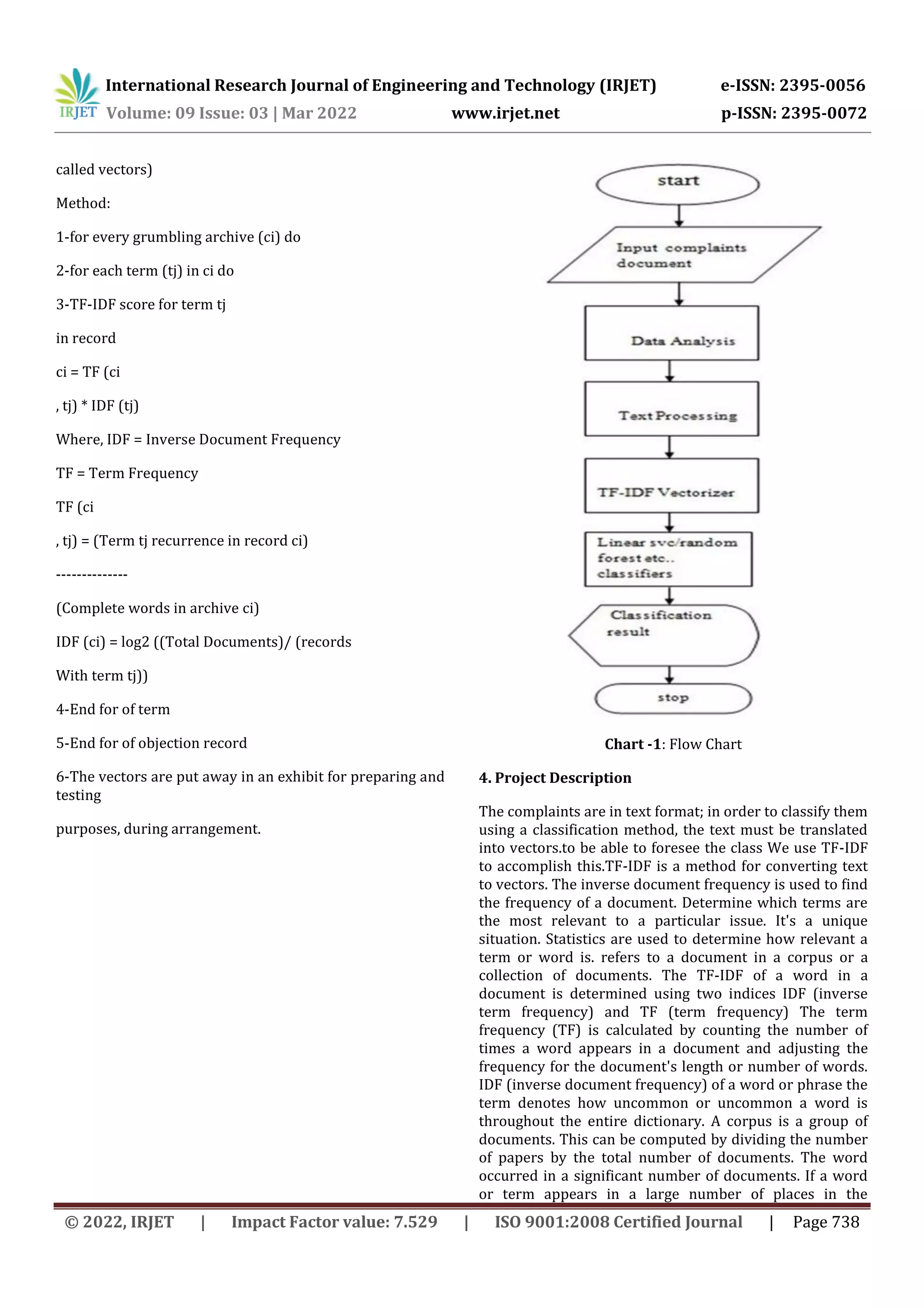 International Research Journal of Engineering and Technology (IRJET) e-ISSN: 2395-0056
Volume: 09 Issue: 03 | Mar 2022 www.irjet.net p-ISSN: 2395-0072
© 2022, IRJET | Impact Factor value: 7.529 | ISO 9001:2008 Certified Journal | Page 738
called vectors)
Method:
1-for every grumbling archive (ci) do
2-for each term (tj) in ci do
3-TF-IDF score for term tj
in record
ci = TF (ci
, tj) * IDF (tj)
Where, IDF = Inverse Document Frequency
TF = Term Frequency
TF (ci
, tj) = (Term tj recurrence in record ci)
--------------
(Complete words in archive ci)
IDF (ci) = log2 ((Total Documents)/ (records
With term tj))
4-End for of term
5-End for of objection record
6-The vectors are put away in an exhibit for preparing and
testing
purposes, during arrangement.
Chart -1: Flow Chart
4. Project Description
The complaints are in text format; in order to classify them
using a classification method, the text must be translated
into vectors.to be able to foresee the class We use TF-IDF
to accomplish this.TF-IDF is a method for converting text
to vectors. The inverse document frequency is used to find
the frequency of a document. Determine which terms are
the most relevant to a particular issue. It's a unique
situation. Statistics are used to determine how relevant a
term or word is. refers to a document in a corpus or a
collection of documents. The TF-IDF of a word in a
document is determined using two indices IDF (inverse
term frequency) and TF (term frequency) The term
frequency (TF) is calculated by counting the number of
times a word appears in a document and adjusting the
frequency for the document's length or number of words.
IDF (inverse document frequency) of a word or phrase the
term denotes how uncommon or uncommon a word is
throughout the entire dictionary. A corpus is a group of
documents. This can be computed by dividing the number
of papers by the total number of documents. The word
occurred in a significant number of documents. If a word
or term appears in a large number of places in the
 