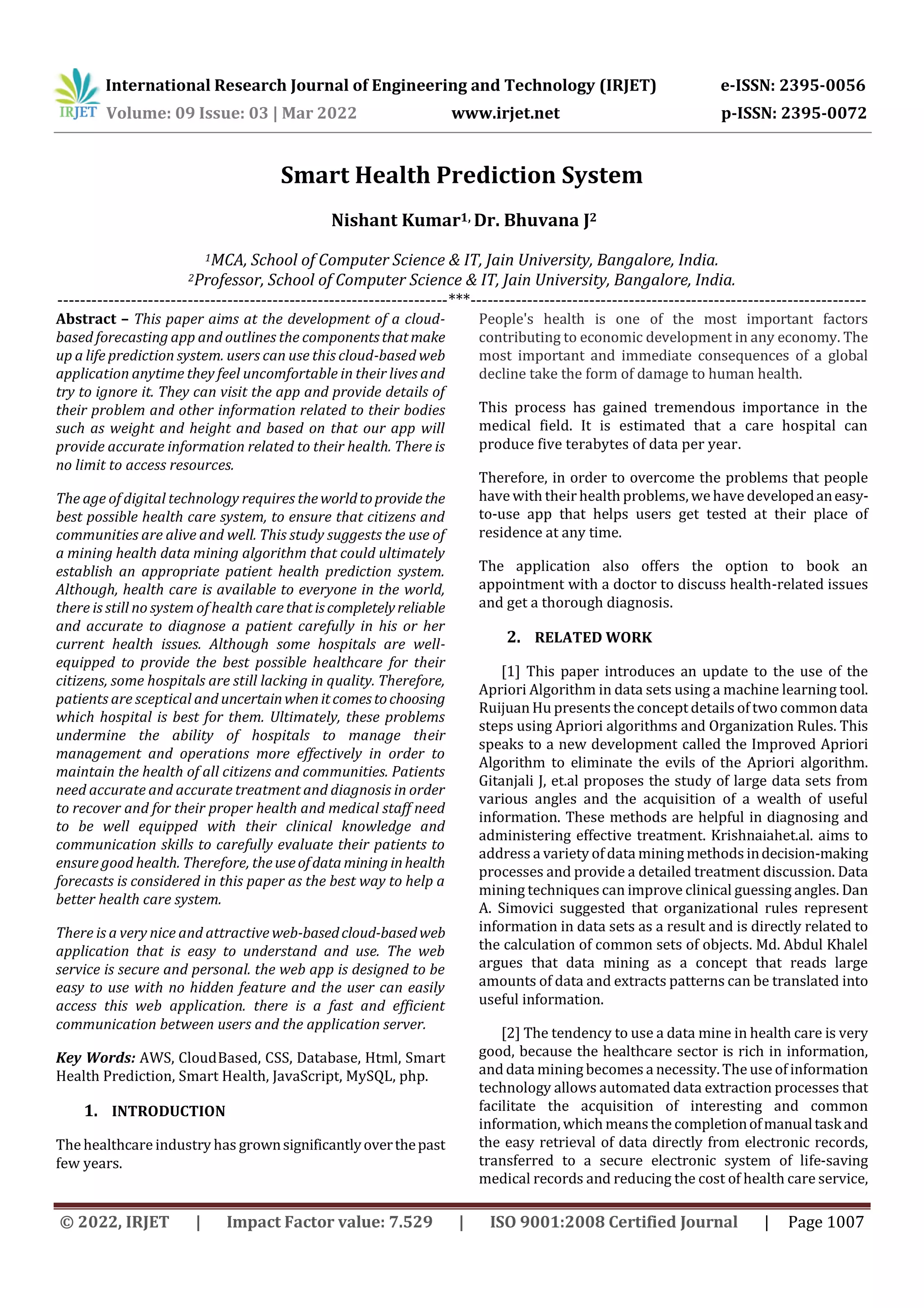 Smart Health Prediction System | PDF | Cloud Computing | Internet