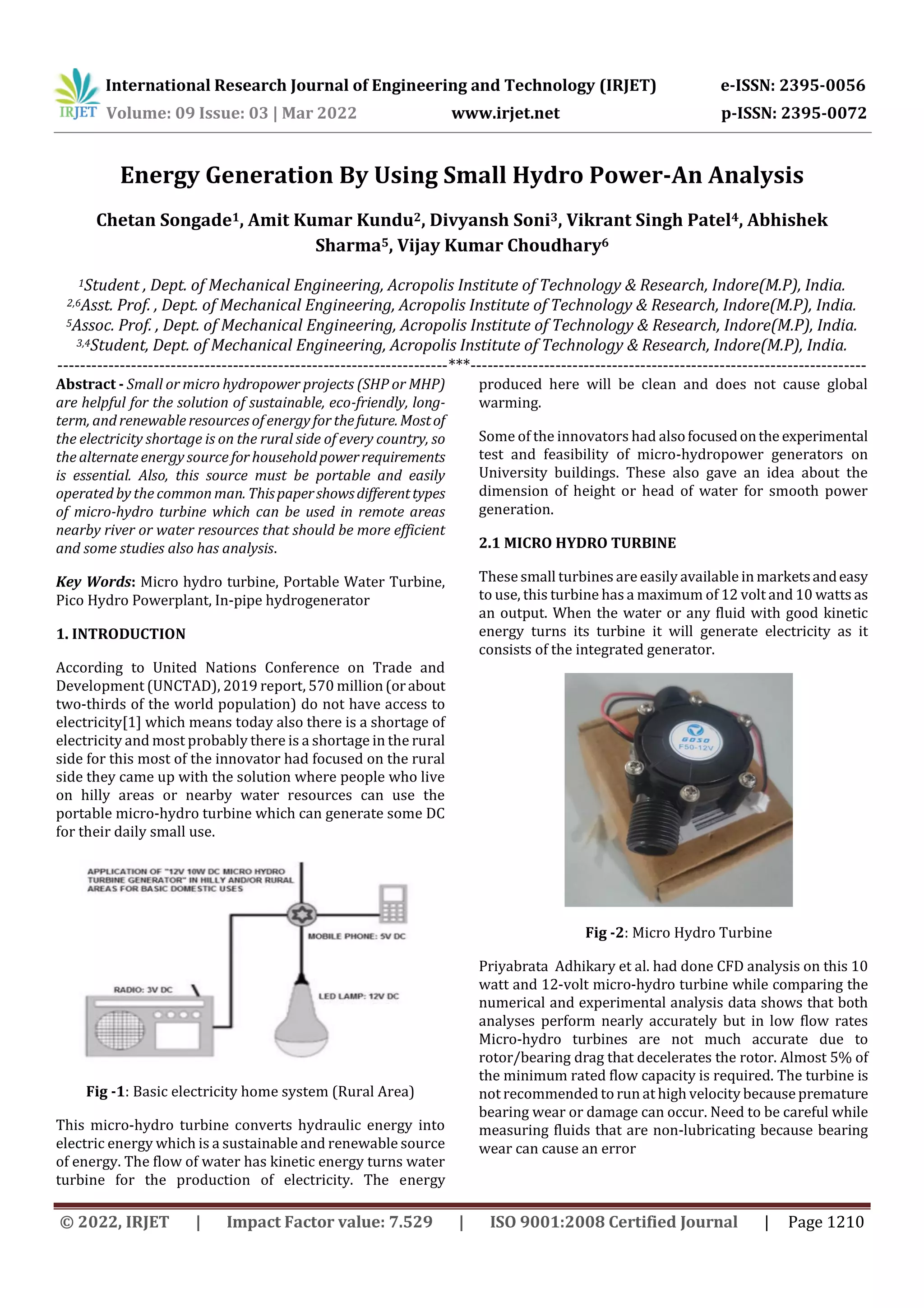Energy Generation By Using Small Hydro Power-An Analysis | PDF