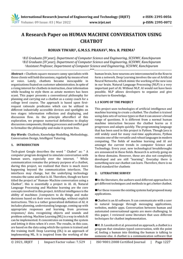 A Research Paper on HUMAN MACHINE CONVERSATION USING CHATBOT | PDF
