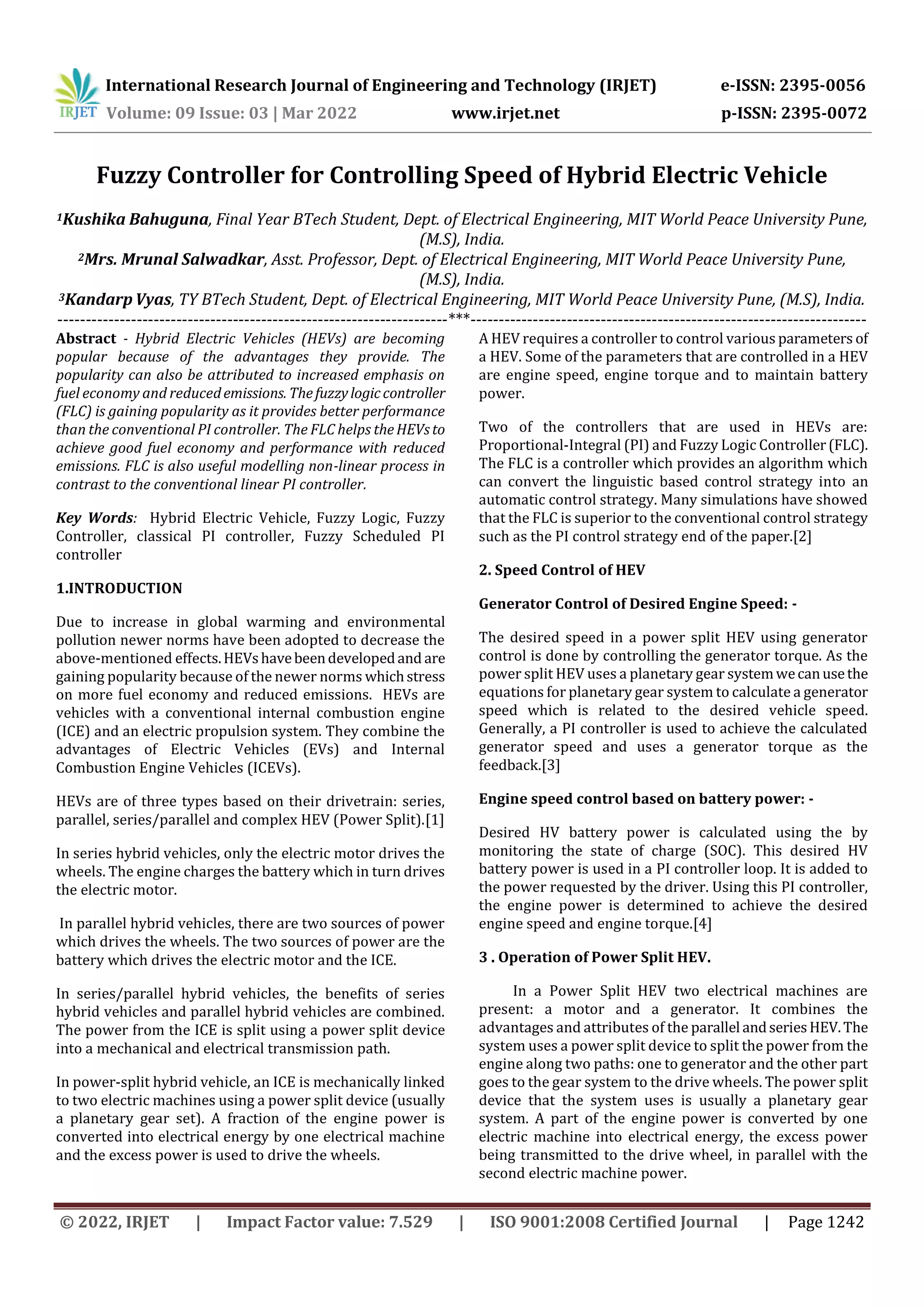 Fuzzy Controller for Controlling Speed of Hybrid Electric Vehicle | PDF