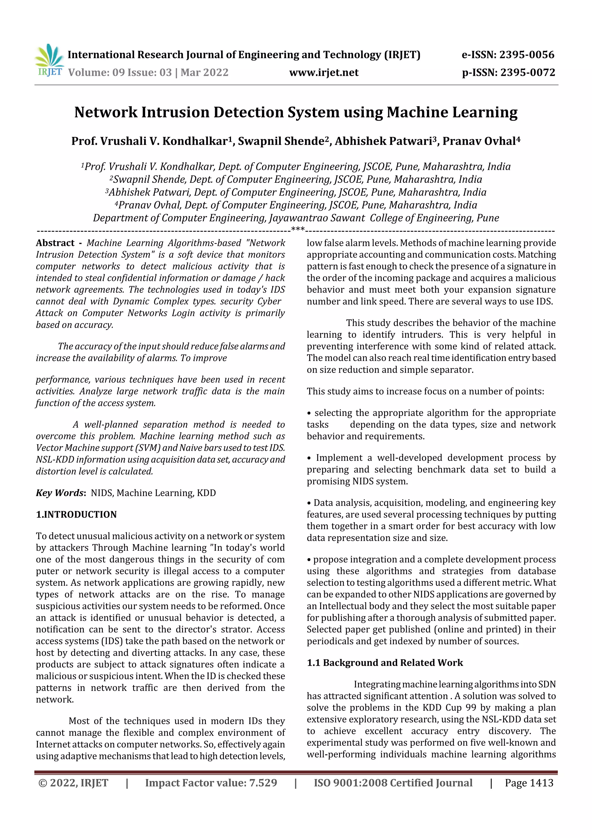 Network Intrusion Detection System using Machine Learning | PDF