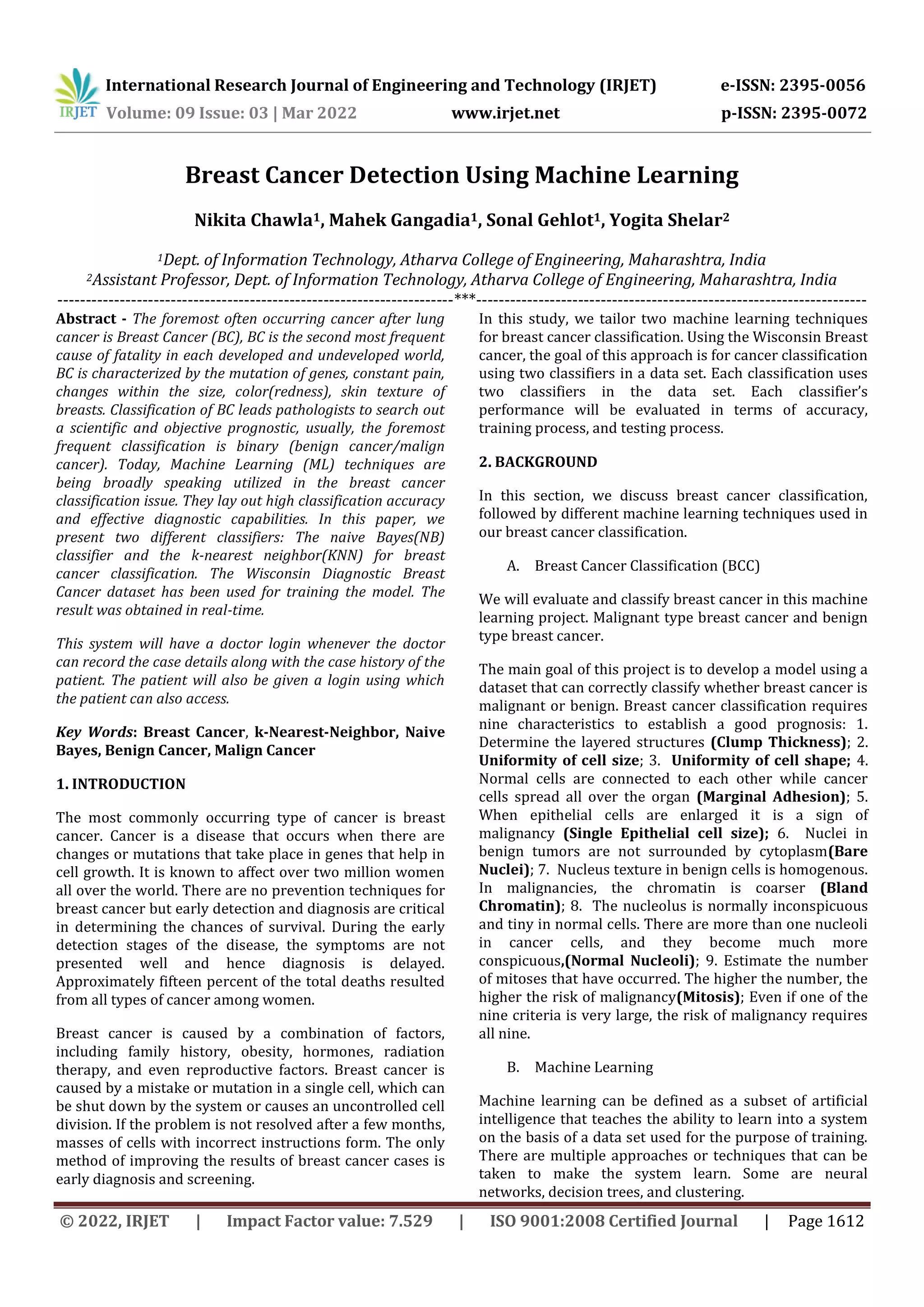 Breast cancer detection using machine learning pdf