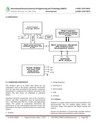 International Research Journal of Engineering and Technology (IRJET) e-ISSN: 2395-0056
Volume: 09 Issue: 03 | Mar 2022 www.irjet.net p-ISSN: 2395-0072
© 2022, IRJET | Impact Factor value: 7.529 | ISO 9001:2008 Certified Journal | Page 581
5. COMPONENTS
5.1. HARDWARE COMPONENTS
This chapter's goal is to collect data sheets for key
components used in the project. Important information
from the data sheet provided by the specific component
manufacturer is acquired from websites and used in this
chapter. The data sheets are displayed as individual
folders.
Important electrical components such as ICs, transistors,
sensors, and other components must be interconnected
over a well-fabricated PCB for a stable and high-quality
output. The quality of components determines the
performance of any well-designed electrical circuit. The
following are the major components that were used in this
project.
1 – Arduino
2 - Voltage Regulator
3 – 555 Timer IC
4 – Wi-Fi module
5 – LDR
6 – IC74543
5.1.1 Arduino
Arduino is a simple software board, microcontrollers and
microcontroller kits for making digital devices and
interactive things with physical and digital sensing and
control.
Anyone can distribute it. Commercially available Arduino
boards are either preassembled or sold as DIY kits.
 