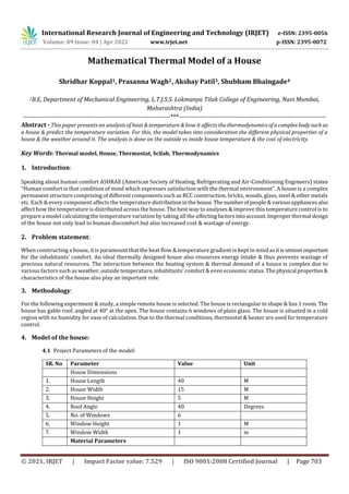 Mathematical Thermal Model of a House | PDF