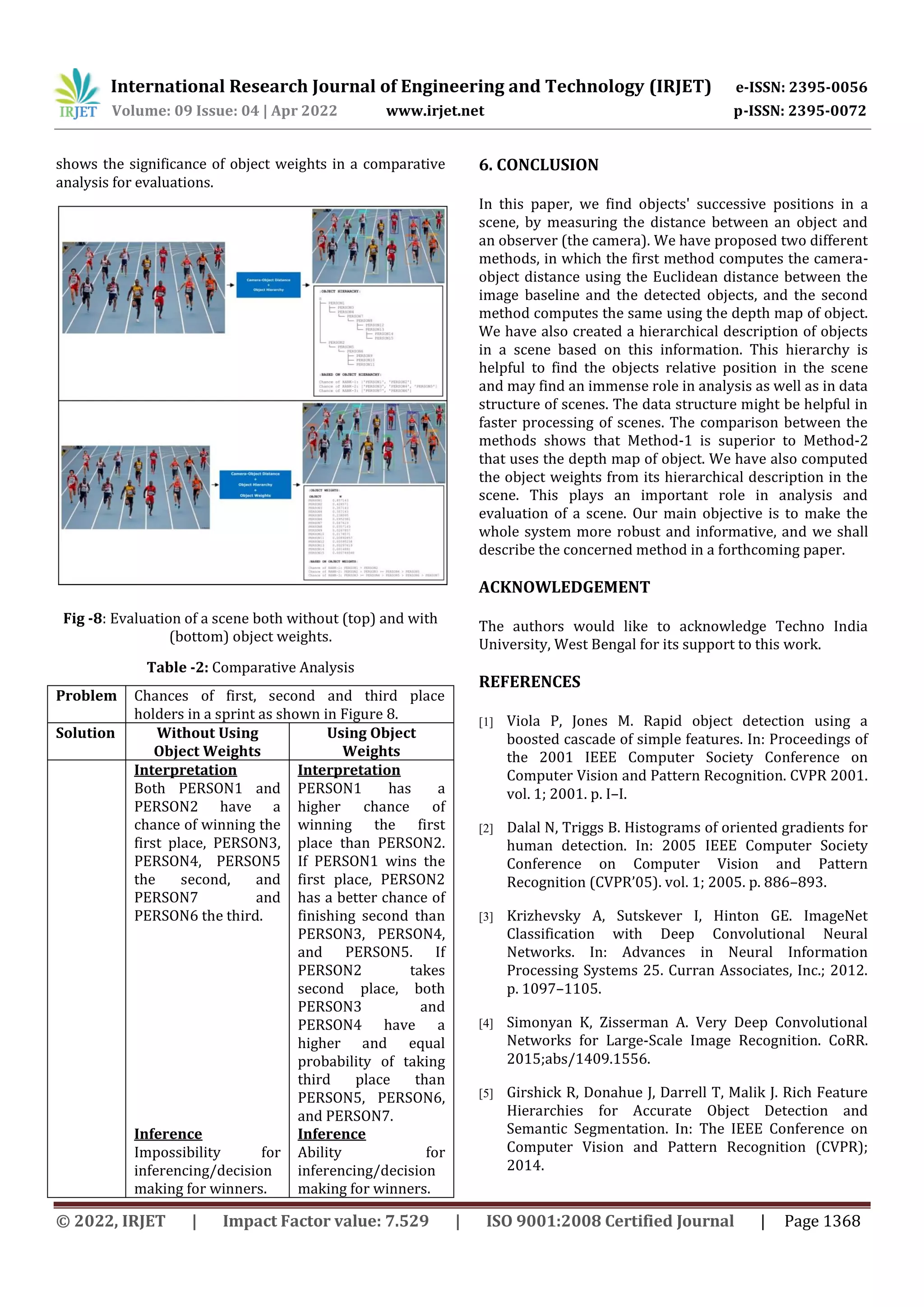 International Research Journal of Engineering and Technology (IRJET) e-ISSN: 2395-0056 Volume: 09 Issue: 04 | Apr 2022 www.irjet.net p-ISSN: 2395-0072 © 2022, IRJET | Impact Factor value: 7.529 | ISO 9001:2008 Certified Journal | Page 1368 shows the significance of object weights in a comparative analysis for evaluations. Fig -8: Evaluation of a scene both without (top) and with (bottom) object weights. Table -2: Comparative Analysis Problem Chances of first, second and third place holders in a sprint as shown in Figure 8. Solution Without Using Object Weights Using Object Weights Interpretation Interpretation Both PERSON1 and PERSON2 have a chance of winning the first place, PERSON3, PERSON4, PERSON5 the second, and PERSON7 and PERSON6 the third. PERSON1 has a higher chance of winning the first place than PERSON2. If PERSON1 wins the first place, PERSON2 has a better chance of finishing second than PERSON3, PERSON4, and PERSON5. If PERSON2 takes second place, both PERSON3 and PERSON4 have a higher and equal probability of taking third place than PERSON5, PERSON6, and PERSON7. Inference Inference Impossibility for inferencing/decision making for winners. Ability for inferencing/decision making for winners. 6. CONCLUSION In this paper, we find objects' successive positions in a scene, by measuring the distance between an object and an observer (the camera). We have proposed two different methods, in which the first method computes the camera- object distance using the Euclidean distance between the image baseline and the detected objects, and the second method computes the same using the depth map of object. We have also created a hierarchical description of objects in a scene based on this information. This hierarchy is helpful to find the objects relative position in the scene and may find an immense role in analysis as well as in data structure of scenes. The data structure might be helpful in faster processing of scenes. The comparison between the methods shows that Method-1 is superior to Method-2 that uses the depth map of object. We have also computed the object weights from its hierarchical description in the scene. This plays an important role in analysis and evaluation of a scene. Our main objective is to make the whole system more robust and informative, and we shall describe the concerned method in a forthcoming paper. ACKNOWLEDGEMENT The authors would like to acknowledge Techno India University, West Bengal for its support to this work. REFERENCES [1] Viola P, Jones M. Rapid object detection using a boosted cascade of simple features. In: Proceedings of the 2001 IEEE Computer Society Conference on Computer Vision and Pattern Recognition. CVPR 2001. vol. 1; 2001. p. I–I. [2] Dalal N, Triggs B. Histograms of oriented gradients for human detection. In: 2005 IEEE Computer Society Conference on Computer Vision and Pattern Recognition (CVPR’05). vol. 1; 2005. p. 886–893. [3] Krizhevsky A, Sutskever I, Hinton GE. ImageNet Classification with Deep Convolutional Neural Networks. In: Advances in Neural Information Processing Systems 25. Curran Associates, Inc.; 2012. p. 1097–1105. [4] Simonyan K, Zisserman A. Very Deep Convolutional Networks for Large-Scale Image Recognition. CoRR. 2015;abs/1409.1556. [5] Girshick R, Donahue J, Darrell T, Malik J. Rich Feature Hierarchies for Accurate Object Detection and Semantic Segmentation. In: The IEEE Conference on Computer Vision and Pattern Recognition (CVPR); 2014. 