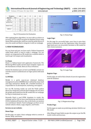 International Research Journal of Engineering and Technology (IRJET) e-ISSN: 2395-0056
Volume: 09 Issue: 04 | Apr 2022 www.irjet.net p-ISSN: 2395-0072
© 2022, IRJET | Impact Factor value: 7.529 | ISO 9001:2008 Certified Journal | Page 1446
Fig. 4.5 Parameters for Evaluation
After applying these algorithms, we were able an achieve an
accuracy of 92 % which was given by Random Forest using
Smote ENN method after which we used the pickle library to
store the model and flask to integrate it with our webpage.
5. WEB TECHNOLOGIES
For our front-end part, we have used a Python framework
called Flask which is used to make a webpage. For our
project, we integrated our ML model into a website which is
used to get rich output and visualization.
5.1 Flask:
Flask is a Python-based web application framework. The
Werkzeug WSGI toolkit and the Jinja2 template engine are
the foundations of Flask. Both are Pocco initiatives.
And for the database part, we have used MySQL and also we
used the session to authenticate our login system with bank
users.
5.2 MYSQL:
MySQL is a quick, easy-to-use relational database
management system (RDBMS) that is utilizedbymanysmall
and large enterprises. MySQL AB, a Swedish business, is
responsible for its development, marketing, and support.
For our ML learning model, we used the Pickle python
library for integration with the flask webpage also we show
the graphs generated from the ML model into our webpage
for Easy to understand our users.
Normally Flask is used HTML templates to render the
webpage and for CSS we have used bootstrap and tailwind
CSS for validation JS function. Also, in the footer, we mention
our contributors’ details. Total 4 webpages are there on our
website which is Home, Login, Register, and Predict.
Screens on our website:
Home Page:
On this page, we make a basic webpage which is consist of
Navbar, Body, and Footer.
Fig. 5.1 Home Page
Login Page:
On this page for successful login, users have to give their
perfect credentials as per the registration. After successful
login bank users can use predict calculator or ML model for
their client/customers.
Fig. 5.2 Login Page
Register Page:
On this page, we ask for Basic details of usersforregistration
with the database.
Fig. 5.3 Registration Page
Predict Page:
On this page we made one predicting calculator field for our
ML model.
After filling all input fields we give the output as per the ML
model results and Accuracy.
 