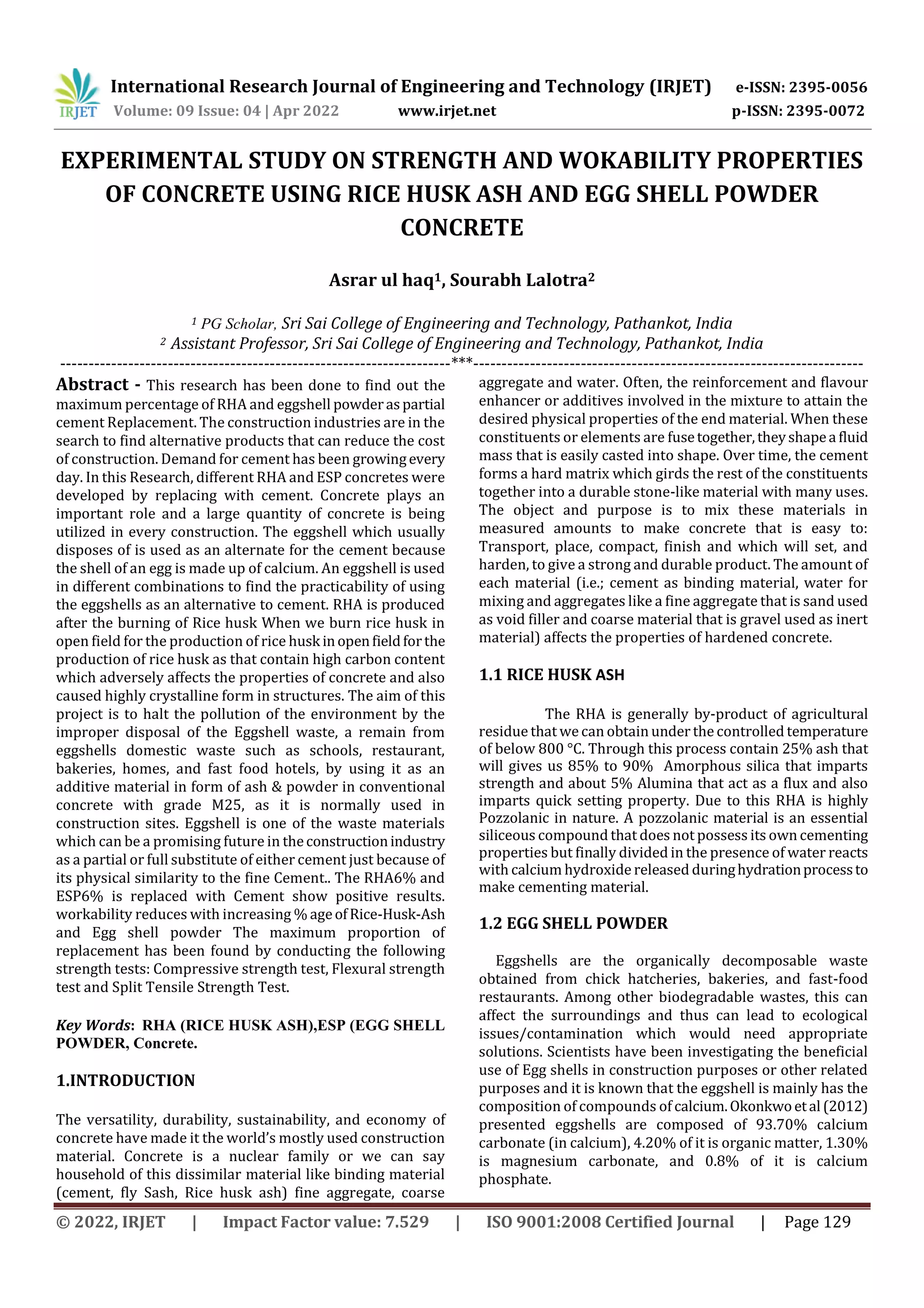 EXPERIMENTAL STUDY ON STRENGTH AND WOKABILITY PROPERTIES OF CONCRETE