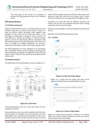 International Research Journal of Engineering and Technology (IRJET) e-ISSN: 2395-0056
Volume: 09 Issue: 04 | Apr 2022 www.irjet.net p-ISSN: 2395-0072
The main goal of this portal is to attempt to
produce the right graduates based on the industry
needs.
3]Proposed System:
3.1) Problem statement:
Software development is such a vast domain that you need
someone when you are stuck at some point, so there is a
need for platform where developer come together from
anywhere in the world and can help each other. A new
developer to understand a concept or solve an issue, it is
very difficult to identify the problem. It involves domain
experts in form of experienced software developers. The
information present is overwhelming and at time can be too
much to handle for bulding developers. So, Having a
community of developers make a life of any developer easy.
The Web Application we have designed is for developers
who can find the solution across the globe. According to the
users performance, company can approach to him with the
help of “points” which he has earned by clearing the doubts
of other user.
3.2) Implementation :
The detail flow of Focused Question is shown in figure no. 1
Figure No.1 Flowchart
In Focused Questions there are 3 user roles which are user,
company and admin.
Focused Question user can post the questions that he/she is
facing (related to technical and non-technical) and some
other fellow users can help by answering them. If the user is
satisfied with any of the answer he/she can mark it as best
answer which will give 5 points to that user who answer was
marked as best. Also upvote to your answer gives 1 point.
This point will help user in ranking while they apply for jobs.
Companies can post the jobs for different position and
sectors, and can view the candidates based on their ranking
companies and can interview them.
Admin has the privileges to add and manage the position and
sectors.
Questions can be filtered using relevant tags.
3.2) Results :
Figure no.2 Question Page Output
Figure no. 2 shows that the output will show all the
questions which has been posted by different users
Figure no.3 Answer Page Output
Figure no.3 shows that the feature is added to our website
where user who has posted question can select any answer
as best answer here is the output.
© 2022, IRJET | Impact Factor value: 7.529 | ISO 9001:2008 Certified Journal | Page 2510
 