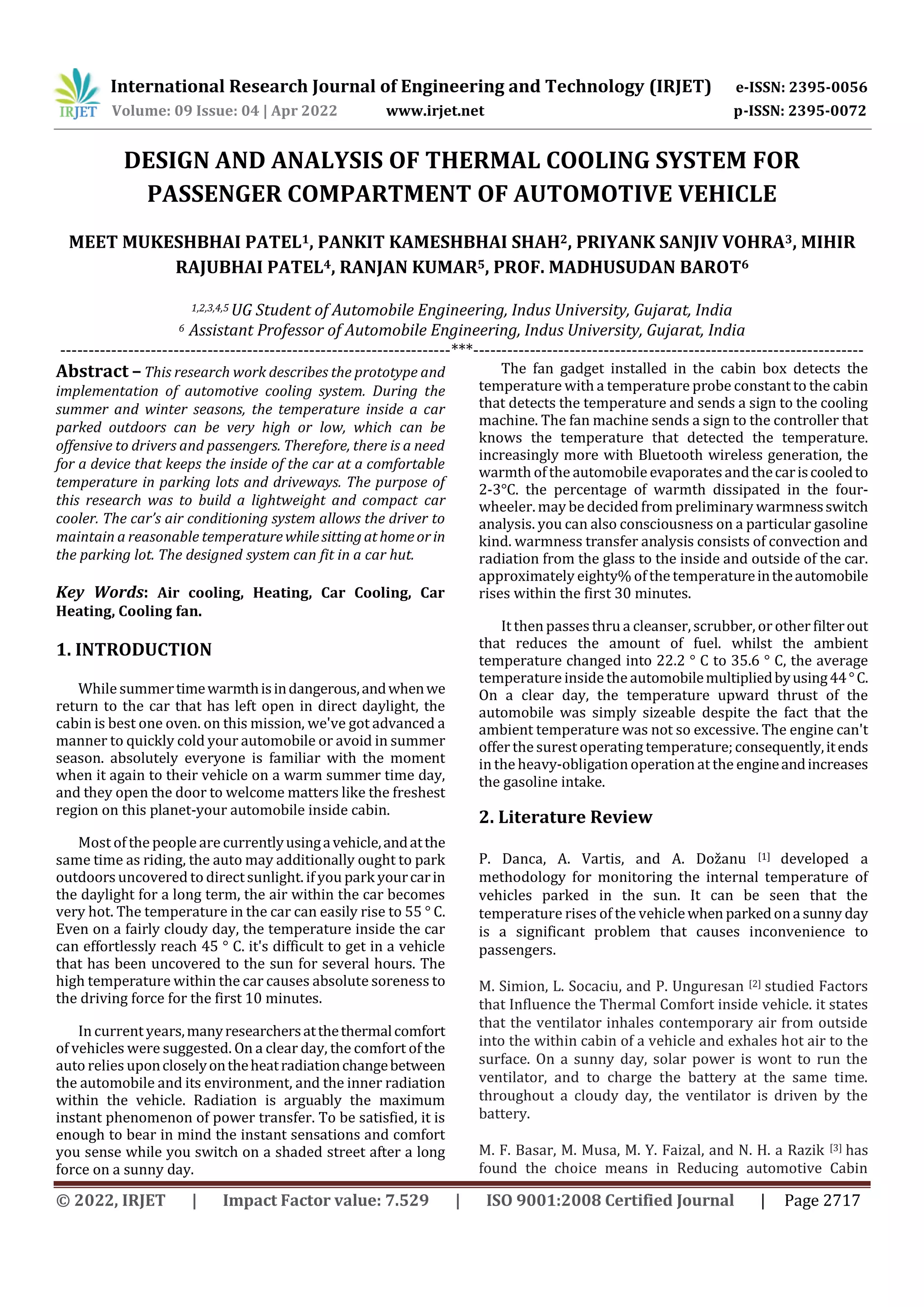 DESIGN AND ANALYSIS OF THERMAL COOLING SYSTEM FOR PASSENGER COMPARTMENT ...