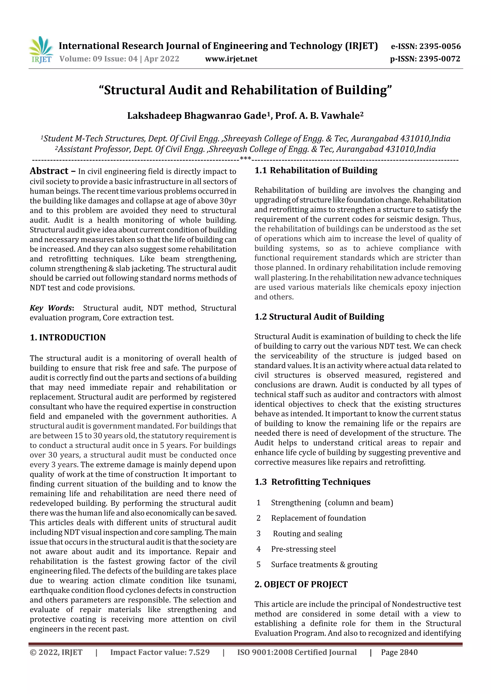 Strructural Audit “Structural Audit and Rehabilitation of Building” | PDF