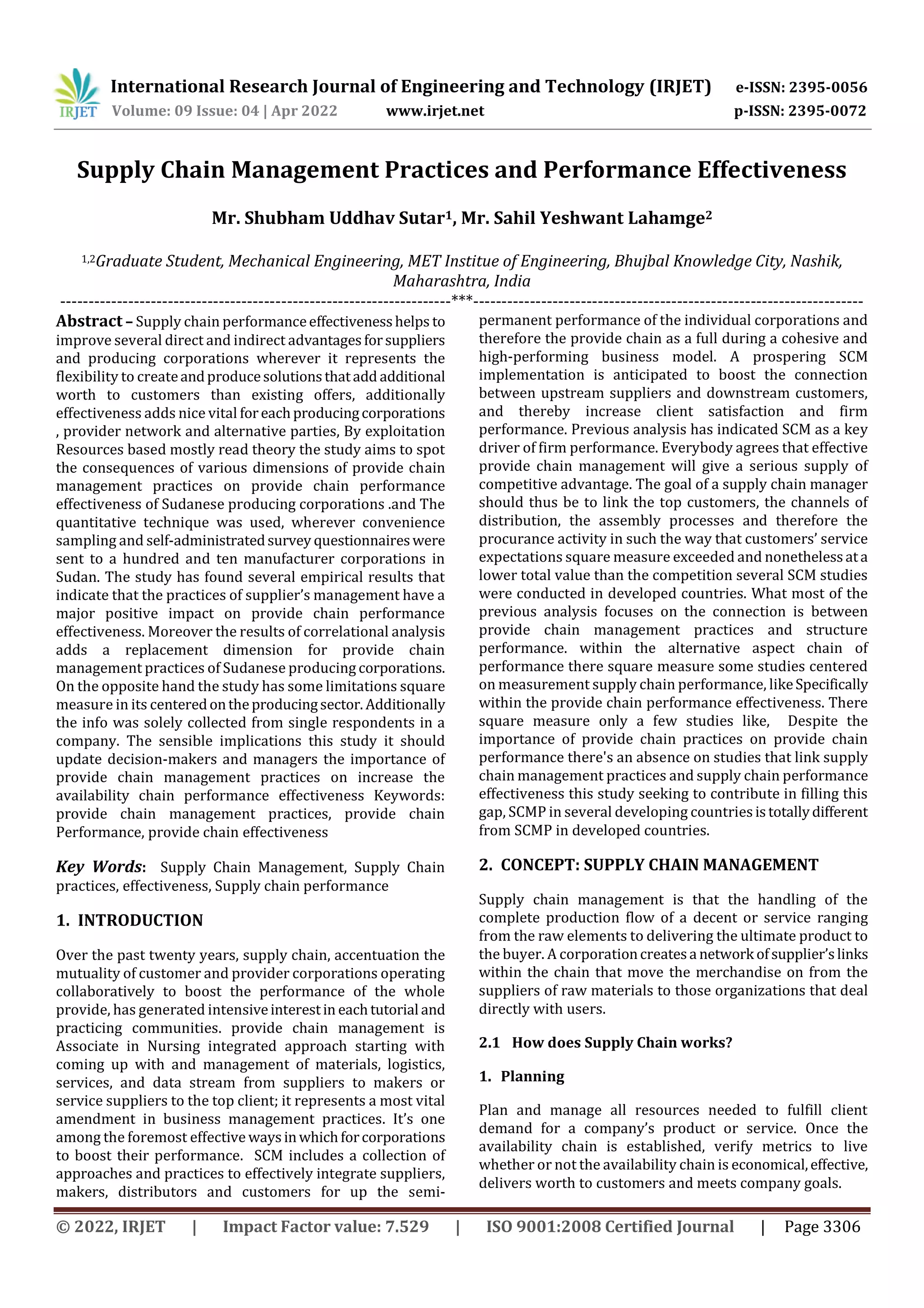 Supply Chain Management Practices and Performance Effectiveness | PDF