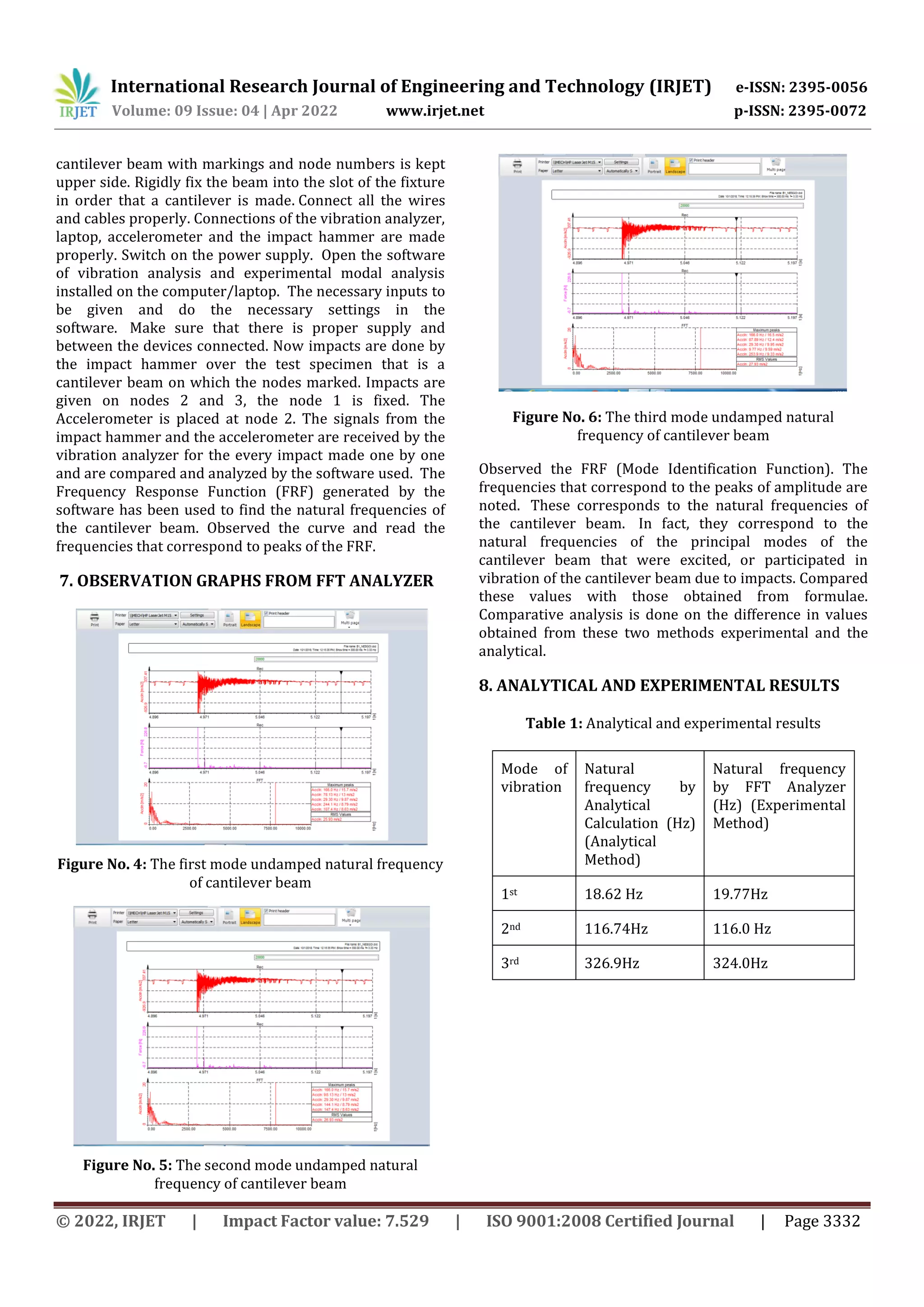 International Research Journal of Engineering and Technology (IRJET) e-ISSN: 2395-0056
Volume: 09 Issue: 04 | Apr 2022 www.irjet.net p-ISSN: 2395-0072
© 2022, IRJET | Impact Factor value: 7.529 | ISO 9001:2008 Certified Journal | Page 3332
cantilever beam with markings and node numbers is kept
upper side. Rigidly fix the beam into the slot of the fixture
in order that a cantilever is made. Connect all the wires
and cables properly. Connections of the vibration analyzer,
laptop, accelerometer and the impact hammer are made
properly. Switch on the power supply. Open the software
of vibration analysis and experimental modal analysis
installed on the computer/laptop. The necessary inputs to
be given and do the necessary settings in the
software. Make sure that there is proper supply and
between the devices connected. Now impacts are done by
the impact hammer over the test specimen that is a
cantilever beam on which the nodes marked. Impacts are
given on nodes 2 and 3, the node 1 is fixed. The
Accelerometer is placed at node 2. The signals from the
impact hammer and the accelerometer are received by the
vibration analyzer for the every impact made one by one
and are compared and analyzed by the software used. The
Frequency Response Function (FRF) generated by the
software has been used to find the natural frequencies of
the cantilever beam. Observed the curve and read the
frequencies that correspond to peaks of the FRF.
7. OBSERVATION GRAPHS FROM FFT ANALYZER
Figure No. 4: The first mode undamped natural frequency
of cantilever beam
Figure No. 5: The second mode undamped natural
frequency of cantilever beam
Figure No. 6: The third mode undamped natural
frequency of cantilever beam
Observed the FRF (Mode Identification Function). The
frequencies that correspond to the peaks of amplitude are
noted. These corresponds to the natural frequencies of
the cantilever beam. In fact, they correspond to the
natural frequencies of the principal modes of the
cantilever beam that were excited, or participated in
vibration of the cantilever beam due to impacts. Compared
these values with those obtained from formulae.
Comparative analysis is done on the difference in values
obtained from these two methods experimental and the
analytical.
8. ANALYTICAL AND EXPERIMENTAL RESULTS
Table 1: Analytical and experimental results
Mode of
vibration
Natural
frequency by
Analytical
Calculation (Hz)
(Analytical
Method)
Natural frequency
by FFT Analyzer
(Hz) (Experimental
Method)
1st 18.62 Hz 19.77Hz
2nd 116.74Hz 116.0 Hz
3rd 326.9Hz 324.0Hz
 