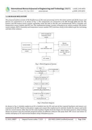 International Research Journal of Engineering and Technology (IRJET) e-ISSN: 2395-0056
Volume: 09 Issue: 04 | Apr 2022 www.irjet.net p-ISSN: 2395-0072
© 2022, IRJET | Impact Factor value: 7.529 | ISO 9001:2008 Certified Journal | Page 3346
3. CAR BLACK BOX SYSTEM
The proposed system consists of the Raspberry pi as the main processing unit for the entire system and all the sensor and
devices are connected to it as shown in Fig- 1. The components are connected to the RPi through GPIO and CSI. The
Camera and PIR motion sensor module repeatedly sends the data to the RPi and simultaneously DHT11 humidity and
temperature sensor module and RTC too. The implemented design consists of Raspberry pi, camera module, PIR motion
sensor module, DHT11 humidity and temperature sensor module. RTC (real time clock) is also added to get the real timing
and date of the evidence.
Fig- 1: Block Diagram of System
Fig- 2: flowchart diagram
As shown in Fig- 2, Initially raspberry pi OS is installed into the SD card and all the required hardware and sensors are
connected to the RPi. Switch on the power supply and connect the raspberry pi to internet. Enable the sensors and write
code for overall sensors. After that run the code in python. Finally check the output. For the demo purpose, initial working
shown on monitor and also tried the proposed system via different softwares like putty shell, VNC server and viewer on
mobile and laptop or PC and tried the headless setup of Raspberry pi too.
 