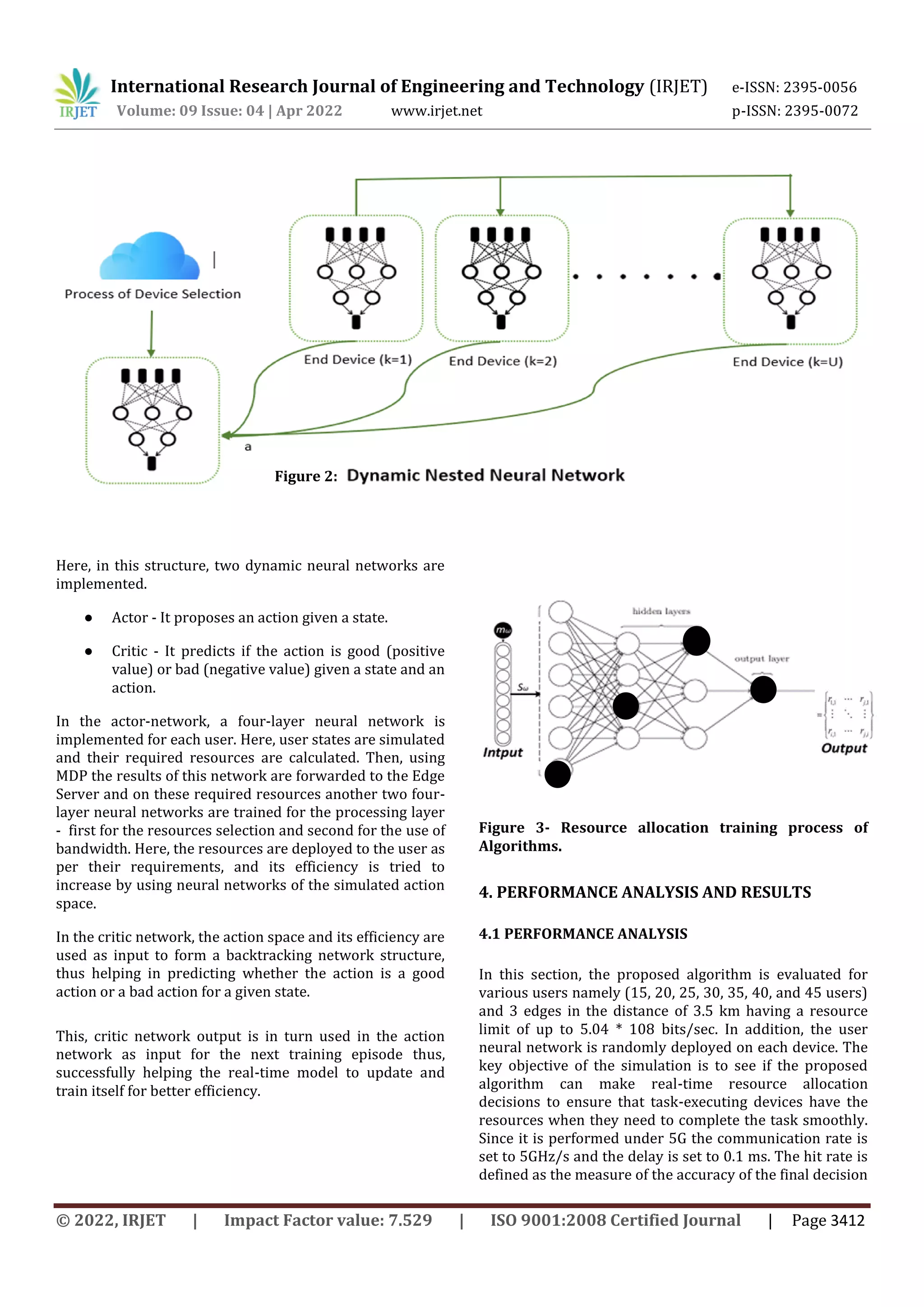 International Research Journal of Engineering and Technology (IRJET) e-ISSN: 2395-0056
Volume: 09 Issue: 04 | Apr 2022 www.irjet.net p-ISSN: 2395-0072
© 2022, IRJET | Impact Factor value: 7.529 | ISO 9001:2008 Certified Journal | Page 3412
Here, in this structure, two dynamic neural networks are
implemented.
● Actor - It proposes an action given a state.
● Critic - It predicts if the action is good (positive
value) or bad (negative value) given a state and an
action.
In the actor-network, a four-layer neural network is
implemented for each user. Here, user states are simulated
and their required resources are calculated. Then, using
MDP the results of this network are forwarded to the Edge
Server and on these required resources another two four-
layer neural networks are trained for the processing layer
- first for the resources selection and second for the use of
bandwidth. Here, the resources are deployed to the user as
per their requirements, and its efficiency is tried to
increase by using neural networks of the simulated action
space.
In the critic network, the action space and its efficiency are
used as input to form a backtracking network structure,
thus helping in predicting whether the action is a good
action or a bad action for a given state.
This, critic network output is in turn used in the action
network as input for the next training episode thus,
successfully helping the real-time model to update and
train itself for better efficiency.
Figure 3- Resource allocation training process of
Algorithms.
4. PERFORMANCE ANALYSIS AND RESULTS
4.1 PERFORMANCE ANALYSIS
In this section, the proposed algorithm is evaluated for
various users namely (15, 20, 25, 30, 35, 40, and 45 users)
and 3 edges in the distance of 3.5 km having a resource
limit of up to 5.04 * 108 bits/sec. In addition, the user
neural network is randomly deployed on each device. The
key objective of the simulation is to see if the proposed
algorithm can make real-time resource allocation
decisions to ensure that task-executing devices have the
resources when they need to complete the task smoothly.
Since it is performed under 5G the communication rate is
set to 5GHz/s and the delay is set to 0.1 ms. The hit rate is
defined as the measure of the accuracy of the final decision
Figure 2:
 