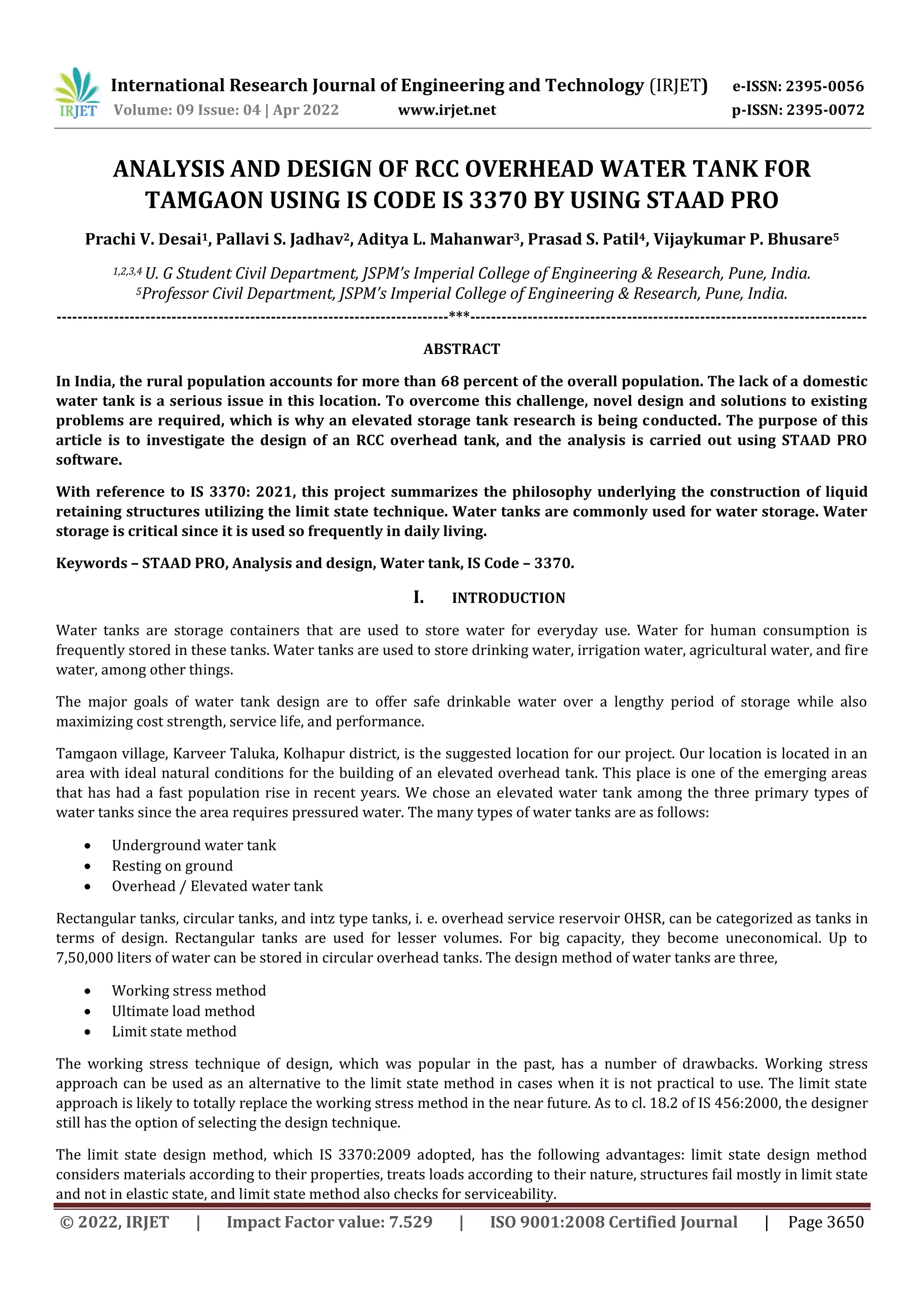 ANALYSIS AND DESIGN OF RCC OVERHEAD WATER TANK FOR TAMGAON USING IS