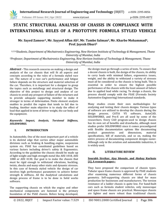 STATIC STRUCTURAL ANALYSIS OF CHASSIS IN COMPLIANCE WITH INTERNATIONAL