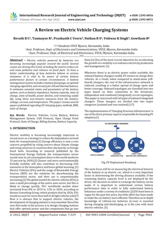 International Research Journal of Engineering and Technology (IRJET) e-ISSN: 2395-0056
Volume: 09 Issue: 04 | Apr 2022 www.irjet.net p-ISSN: 2395-0072
© 2022, IRJET | Impact Factor value: 7.529 | ISO 9001:2008 Certified Journal | Page 3963
A Review on Electric Vehicle Charging Systems
Revath B C1, Tanmayee R2, Prashanth C Veeru3, Nuthan B S4, Vishwas K Singh5, Gowtham B6
1,2,3,4Students VVCE Mysore, Karnataka, India
5Asst. Professor, Dept. of Electronics and Communications, VVCE, Mysore, Karnataka India
6Asst. Professor, Dept. of Electrical and Electronics, VVCE, Mysore, Karnataka India
---------------------------------------------------------------------***---------------------------------------------------------------------
Abstract - Electric vehicles powered by batteries are
becoming increasingly popular around the world. Several
causes are driving this trend, including the need to reduce air
and noise pollution and reliance on fossil fuels. To have a
better understanding of how batteries behave in various
situations. It is vital to be aware of certain battery
performance factors in certain circumstances. A battery
management system includes a battery fuel gauge, anoptimal
charging algorithm, andcircuitryforcellandthermalbalance.
It estimates essential states and parameters of the battery
system, such as battery impedance, battery capacity, state of
charge, state of health, power decline, and remaining useful
life, using three non-invasive measures from the battery:
voltage, current, and temperature. This paper reviews several
papers published regarding EV charging types, methods, BMS,
state of charge.
Key Words: Electric Vehicles, Li-ion Battery, Battery
Management System, CAN Protocol, Open Charge Point
Protocol, State of Charge, Billing System, Battery Capacity.
1. INTRODUCTION
Electric mobility is becoming increasingly important in
recent years as a strategy to reduce the dependenceonfossil
fuels for transportation.[1] Energy efficiency is now a core
concern, propelled by rising concern about climate change
and rising oil prices in countries that rely heavily on foreign
fossil fuels. According to research published by the
International Energy Outlook, the transportation sector
would raise its oil consumption share in the world market to
55 percent by 2030.[2] Cleaner and more environmentally
friendly mobility will also contribute to decreasing CO2
emissions in the atmosphere and hence global warming. [1]
Electric Vehicles (EVs) and the usage of Renewable Energy
Sources (RES) are the solutions for decarbonizing the
transportation sector, and their use is unquestionably
increasing.[5] The global marketforelectric vehicles(EVs)is
now a small percentage of the entire auto sector, but this is
likely to change quickly. EVs' worldwide market share
increased from 8% in 2019 to 12% in 2020, according to
Boston Consulting Group, which predicts that by 2026, EVs
would account for more than half of all light vehiclessold.[7]
Now it is obvious that to support electric vehicles, the
development of charging stationsisvery essential.Oneofthe
very first tasks in the process is to design charging stations
that offer optimal power and the components that go into
them.[1] One of the most crucial objectives for accelerating
the growth of e-mobility is to enhance electricity production
and management. [1]
Whenever there is an electric power outlet available, the
onboard battery chargers enable EV owners to charge their
vehicles. As a result, when compared to stand-alone (off-
board) chargers, the cost of the infrastructure network is
reduced, resulting in a better spread of charge spots and
better coverage. Onboard topologies are classified into two
types based on their connection to the drivetrain:
independent and combined (integrated) circuit topologies.
This paper is concerned with all types of onboard integrated
chargers. These chargers are divided into two major
categories (isolated and non-isolated) [17]
The implementation of ‘Charging StructureInfrastructure’is
one of the three primary aspects responsibleforboosting EV
adoption.[1]
Fig. EV Deployment Roadmap
The main focus will be on measuring the electrical features
of the battery in an electric car, which is a very important
factor in determining the driving distance available. If the
remaining battery capacity level is not displayed by the
driver, the decision on when to recharge the battery can be
made. It is important to understand certain battery
performance data in order to fully understand battery
behaviour under a variety of conditions.[2]EVshavebeenin
vogue for the past few years, but little effort has been made
to make the car battery more efficient. Thereforeanin-depth
knowledge of Lithium-ion batteries (Li-ion) is essential
during charging and discharging, as is the case with most
electric vehicles. [5]
 