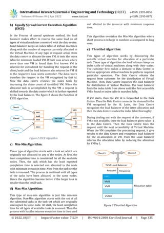 International Research Journal of Engineering and Technology (IRJET) e-ISSN: 2395-0056
Volume: 09 Issue: 04 | Apr 2022 www.irjet.net p-ISSN: 2395-0072
© 2022, IRJET | Impact Factor value: 7.529 | ISO 9001:2008 Certified Journal | Page 335
b) Equally Spread Current Execution Algorithm
(ESCE):
In the Process of spread spectrum method, the load
balancer makes effort to reserve the same load on all
types of virtual machines connected with the data centre.
Load balancer keeps an index table of Virtual machines
along with the number of requests currently allocated to
the Virtual Machine. If any type of request arises from
the data centre to allocate the new VM, it tests the index
table for minimum loaded VM. If their case arises where
more than one VM is found than first known VM is
selected for considered for handling the request of the
client/node and the load balancer also returns the VM Id
to the respective data centre controller. The data centre
transfers the request to the VM recognized by that id.
Now the data centre reviews the index table by
increasing the share count of identified VM. When the
allocated task is accomplished by the VM a request is
shifted towards the data centre which is further reported
by the load balancer. The figure 2 shows the Function of
ESCE algorithm.
Figure 2 ESCE Algorithm
c) Min-Min Algorithm:
These type of algorithm starts with a task set which are
originally not allocated to any of the nodes. At first, the
least completion time is considered for all the available
nodes. Then, the task which has the least expected
completion time is selected and allocated to the node
with minimum execution time. Now from the task set the
task is removed. This process is continual until all types
of the tasks have been allocated to the same nodes.
Hence the algorithm become better if the larger task is
smaller than the small task.
d) Max-Min Algorithm:
This type of max-min algorithm is just like min-min
algorithm. Max-Min algorithm starts with the set of all
the submitted tasks in the task-set which are originally
unassigned to some node. At start, the least completion
time for all types of available tasks is assessed. Then the
process with has the extreme execution time is then used
and allotted to the resource with minimum response
time.
This algorithm overtakes the Min-Min algorithm where
short process is in large in numbers as compared to long
ones.
e) Throttled Algorithm:
This types of algorithm works by discovering the
suitable virtual machine for allocation of a particular
task. These type of algorithm the load balancer keeps an
index table of virtual machines along with their states.
The customer first makes a demand to Data Centre to
find an appropriate virtual machine to perform required
particular operation. The Data Centre obtains the
request from customer for the distribution of Virtual
Machine. Then, Data Centre inquiries the load balancer
for distribution of Virtual Machine. The load balancer
finds the index table from above until the first accessible
VM is found or index table is searched fully.
If VM starts, then the VM Id is forwarded to the Data
Centre. Then the Data Centre connects the demand to the
VM recognised by the Id. Later, the Data Centre
recognizes the load balancer of the latest allocation and
then the data Centre studies the index table thoroughly.
During dealing out with the request of the customer, if
VM is not available, then the load balancer gives value -1
to the data Centre. Then the Data Centre lines the
request until the next accessibility of Virtual Machine.
When the VM completes the processing request, it give
results to the data Centre and recognizes load balancer
for the de-allocation of VM. Then the Load balancer
informs the allocation table by reducing the allocation
for VM by 1.
Figure 3 Throttled Algorithm
 