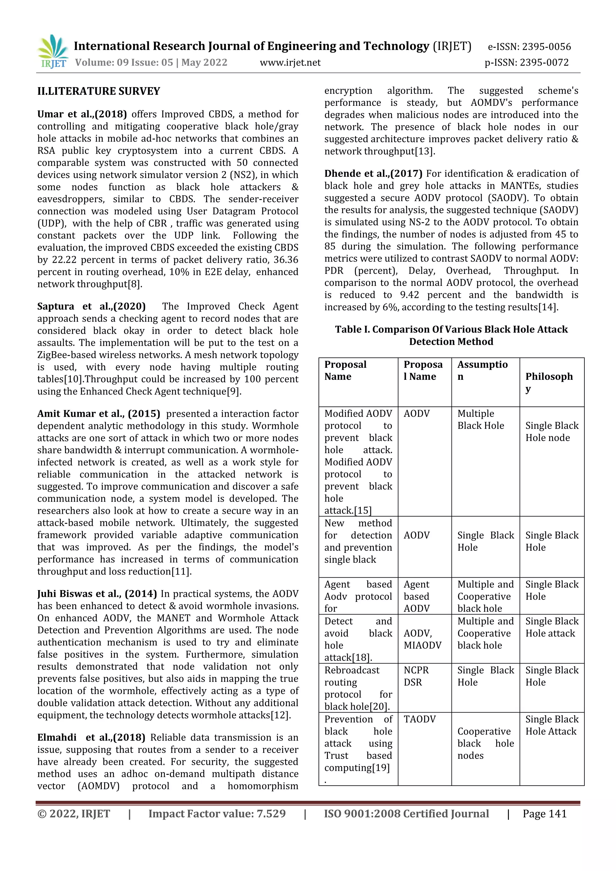 International Research Journal of Engineering and Technology (IRJET) e-ISSN: 2395-0056
Volume: 09 Issue: 05 | May 2022 www.irjet.net p-ISSN: 2395-0072
© 2022, IRJET | Impact Factor value: 7.529 | ISO 9001:2008 Certified Journal | Page 141
II.LITERATURE SURVEY
Umar et al.,(2018) offers Improved CBDS, a method for
controlling and mitigating cooperative black hole/gray
hole attacks in mobile ad-hoc networks that combines an
RSA public key cryptosystem into a current CBDS. A
comparable system was constructed with 50 connected
devices using network simulator version 2 (NS2), in which
some nodes function as black hole attackers &
eavesdroppers, similar to CBDS. The sender-receiver
connection was modeled using User Datagram Protocol
(UDP), with the help of CBR , traffic was generated using
constant packets over the UDP link. Following the
evaluation, the improved CBDS exceeded the existing CBDS
by 22.22 percent in terms of packet delivery ratio, 36.36
percent in routing overhead, 10% in E2E delay, enhanced
network throughput[8].
Saptura et al.,(2020) The Improved Check Agent
approach sends a checking agent to record nodes that are
considered black okay in order to detect black hole
assaults. The implementation will be put to the test on a
ZigBee-based wireless networks. A mesh network topology
is used, with every node having multiple routing
tables[10].Throughput could be increased by 100 percent
using the Enhanced Check Agent technique[9].
Amit Kumar et al., (2015) presented a interaction factor
dependent analytic methodology in this study. Wormhole
attacks are one sort of attack in which two or more nodes
share bandwidth & interrupt communication. A wormhole-
infected network is created, as well as a work style for
reliable communication in the attacked network is
suggested. To improve communication and discover a safe
communication node, a system model is developed. The
researchers also look at how to create a secure way in an
attack-based mobile network. Ultimately, the suggested
framework provided variable adaptive communication
that was improved. As per the findings, the model's
performance has increased in terms of communication
throughput and loss reduction[11].
Juhi Biswas et al., (2014) In practical systems, the AODV
has been enhanced to detect & avoid wormhole invasions.
On enhanced AODV, the MANET and Wormhole Attack
Detection and Prevention Algorithms are used. The node
authentication mechanism is used to try and eliminate
false positives in the system. Furthermore, simulation
results demonstrated that node validation not only
prevents false positives, but also aids in mapping the true
location of the wormhole, effectively acting as a type of
double validation attack detection. Without any additional
equipment, the technology detects wormhole attacks[12].
Elmahdi et al.,(2018) Reliable data transmission is an
issue, supposing that routes from a sender to a receiver
have already been created. For security, the suggested
method uses an adhoc on-demand multipath distance
vector (AOMDV) protocol and a homomorphism
encryption algorithm. The suggested scheme's
performance is steady, but AOMDV's performance
degrades when malicious nodes are introduced into the
network. The presence of black hole nodes in our
suggested architecture improves packet delivery ratio &
network throughput[13].
Dhende et al.,(2017) For identification & eradication of
black hole and grey hole attacks in MANTEs, studies
suggested a secure AODV protocol (SAODV). To obtain
the results for analysis, the suggested technique (SAODV)
is simulated using NS-2 to the AODV protocol. To obtain
the findings, the number of nodes is adjusted from 45 to
85 during the simulation. The following performance
metrics were utilized to contrast SAODV to normal AODV:
PDR (percent), Delay, Overhead, Throughput. In
comparison to the normal AODV protocol, the overhead
is reduced to 9.42 percent and the bandwidth is
increased by 6%, according to the testing results[14].
Table I. Comparison Of Various Black Hole Attack
Detection Method
Proposal
Name
Proposa
l Name
Assumptio
n Philosoph
y
Modified AODV
protocol to
prevent black
hole attack.
Modified AODV
protocol to
prevent black
hole
attack.[15]
AODV Multiple
Black Hole Single Black
Hole node
New method
for detection
and prevention
single black
AODV Single Black
Hole
Single Black
Hole
Agent based
Aodv protocol
for
Agent
based
AODV
Multiple and
Cooperative
black hole
Single Black
Hole
Detect and
avoid black
hole
attack[18].
AODV,
MIAODV
Multiple and
Cooperative
black hole
Single Black
Hole attack
Rebroadcast
routing
protocol for
black hole[20].
NCPR
DSR
Single Black
Hole
Single Black
Hole
Prevention of
black hole
attack using
Trust based
computing[19]
.
TAODV
Cooperative
black hole
nodes
Single Black
Hole Attack
 