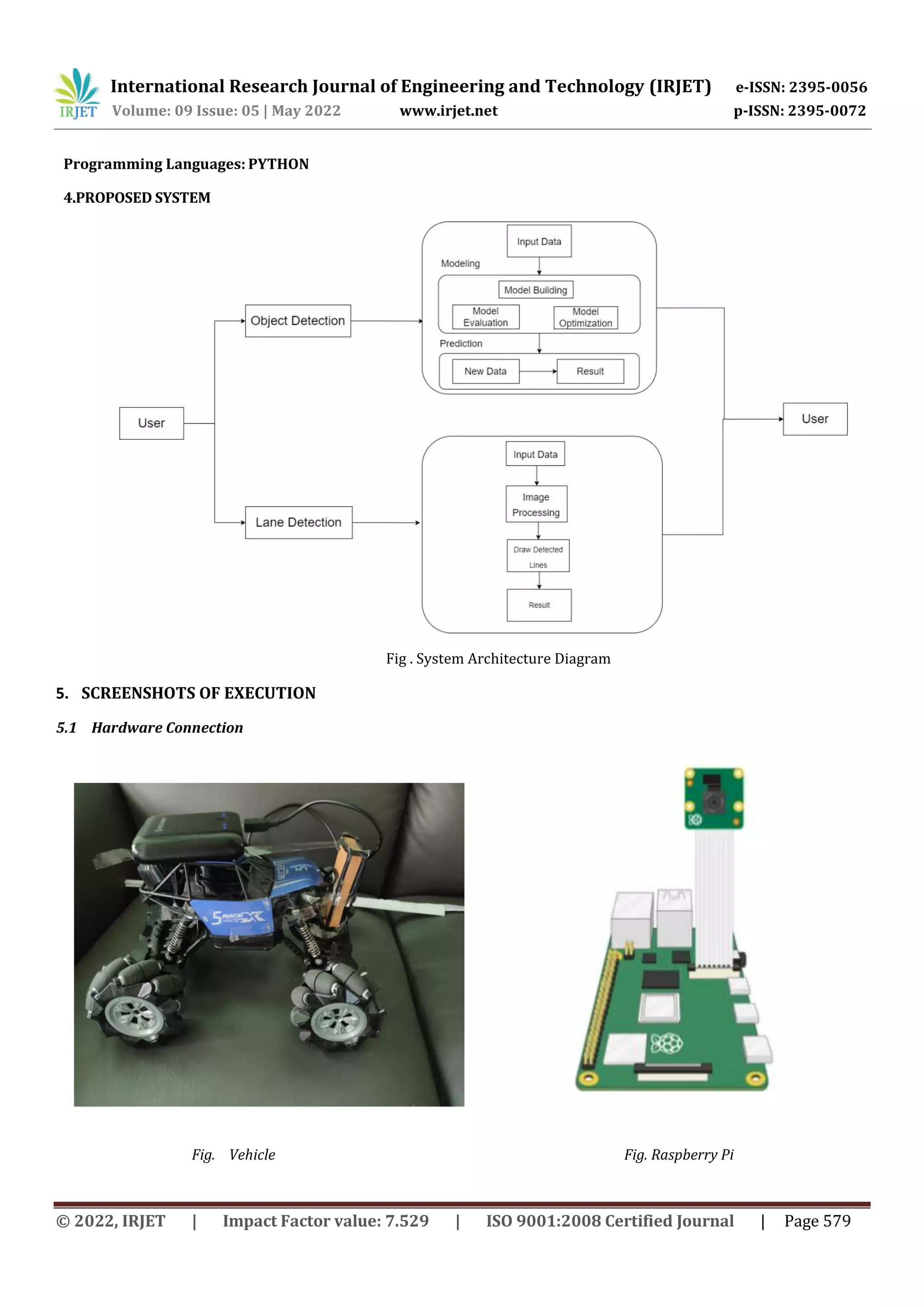 International Research Journal of Engineering and Technology (IRJET) e-ISSN: 2395-0056
Volume: 09 Issue: 05 | May 2022 www.irjet.net p-ISSN: 2395-0072
© 2022, IRJET | Impact Factor value: 7.529 | ISO 9001:2008 Certified Journal | Page 579
Programming Languages: PYTHON
4.PROPOSED SYSTEM
Fig . System Architecture Diagram
5. SCREENSHOTS OF EXECUTION
5.1 Hardware Connection
Fig. Vehicle Fig. Raspberry Pi
 