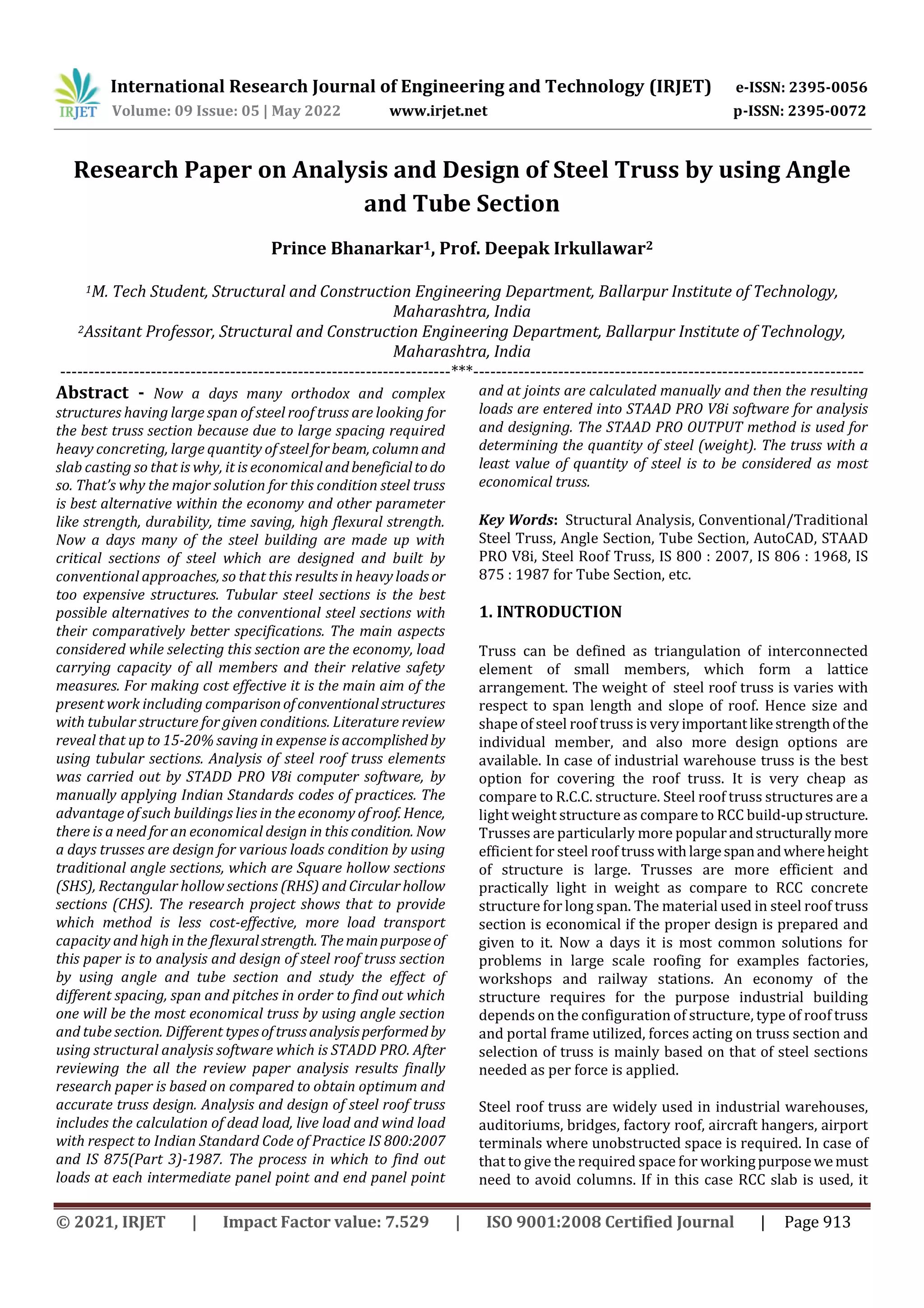 Research Paper on Analysis and Design of Steel Truss by using Angle and ...