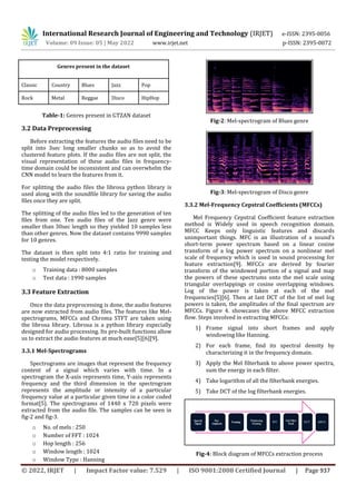 International Research Journal of Engineering and Technology (IRJET) e-ISSN: 2395-0056
Volume: 09 Issue: 05 | May 2022 www.irjet.net p-ISSN: 2395-0072
© 2022, IRJET | Impact Factor value: 7.529 | ISO 9001:2008 Certified Journal | Page 937
Genres present in the dataset
Classic Country Blues Jazz Pop
Rock Metal Reggae Disco HipHop
Table-1: Genres present in GTZAN dataset
3.2 Data Preprocessing
Before extracting the features the audio files need to be
split into 3sec long smaller chunks so as to avoid the
clustered feature plots. If the audio files are not split, the
visual representation of these audio files in frequency-
time domain could be inconsistent and can overwhelm the
CNN model to learn the features from it.
For splitting the audio files the librosa python library is
used along with the soundfile library for saving the audio
files once they are split.
The splitting of the audio files led to the generation of ten
files from one. Ten audio files of the Jazz genre were
smaller than 30sec length so they yielded 10 samples less
than other genres. Now the dataset contains 9990 samples
for 10 genres.
The dataset is then split into 4:1 ratio for training and
testing the model respectively.
o Training data : 8000 samples
o Test data : 1990 samples
3.3 Feature Extraction
Once the data preprocessing is done, the audio features
are now extracted from audio files. The features like Mel-
spectrograms, MFCCs and Chroma STFT are taken using
the librosa library. Librosa is a python library especially
designed for audio processing. Its pre-built functions allow
us to extract the audio features at much ease[5][6][9].
3.3.1 Mel-Spectrograms
Spectrograms are images that represent the frequency
content of a signal which varies with time. In a
spectrogram the X-axis represents time, Y-axis represents
frequency and the third dimension in the spectrogram
represents the amplitude or intensity of a particular
frequency value at a particular given time in a color coded
format[5]. The spectrograms of 1440 x 720 pixels were
extracted from the audio file. The samples can be seen in
fig-2 and fig-3.
o No. of mels : 250
o Number of FFT : 1024
o Hop length : 256
o Window length : 1024
o Window Type : Hanning
Fig-2: Mel-spectrogram of Blues genre
Fig-3: Mel-spectrogram of Disco genre
3.3.2 Mel-Frequency Cepstral Coefficients (MFCCs)
Mel Frequency Cepstral Coefficient feature extraction
method is Widely used in speech recognition domain.
MFCC Keeps only linguistic features and discards
unimportant things. MFC is an illustration of a sound’s
short-term power spectrum based on a linear cosine
transform of a log power spectrum on a nonlinear mel
scale of frequency which is used in sound processing for
feature extraction[9]. MFCCs are derived by fourier
transform of the windowed portion of a signal and map
the powers of these spectrums onto the mel scale using
triangular overlappings or cosine overlapping windows.
Log of the power is taken at each of the mel
frequencies[5][6]. Then at last DCT of the list of mel log
powers is taken, the amplitudes of the final spectrum are
MFCCs. Figure 4. showcases the above MFCC extraction
flow. Steps involved in extracting MFCCs:
1) Frame signal into short frames and apply
windowing like Hanning.
2) For each frame, find its spectral density by
characterizing it in the frequency domain.
3) Apply the Mel filterbank to above power spectra,
sum the energy in each filter.
4) Take logarithm of all the filterbank energies.
5) Take DCT of the log filterbank energies.
Fig-4: Block diagram of MFCCs extraction process
 