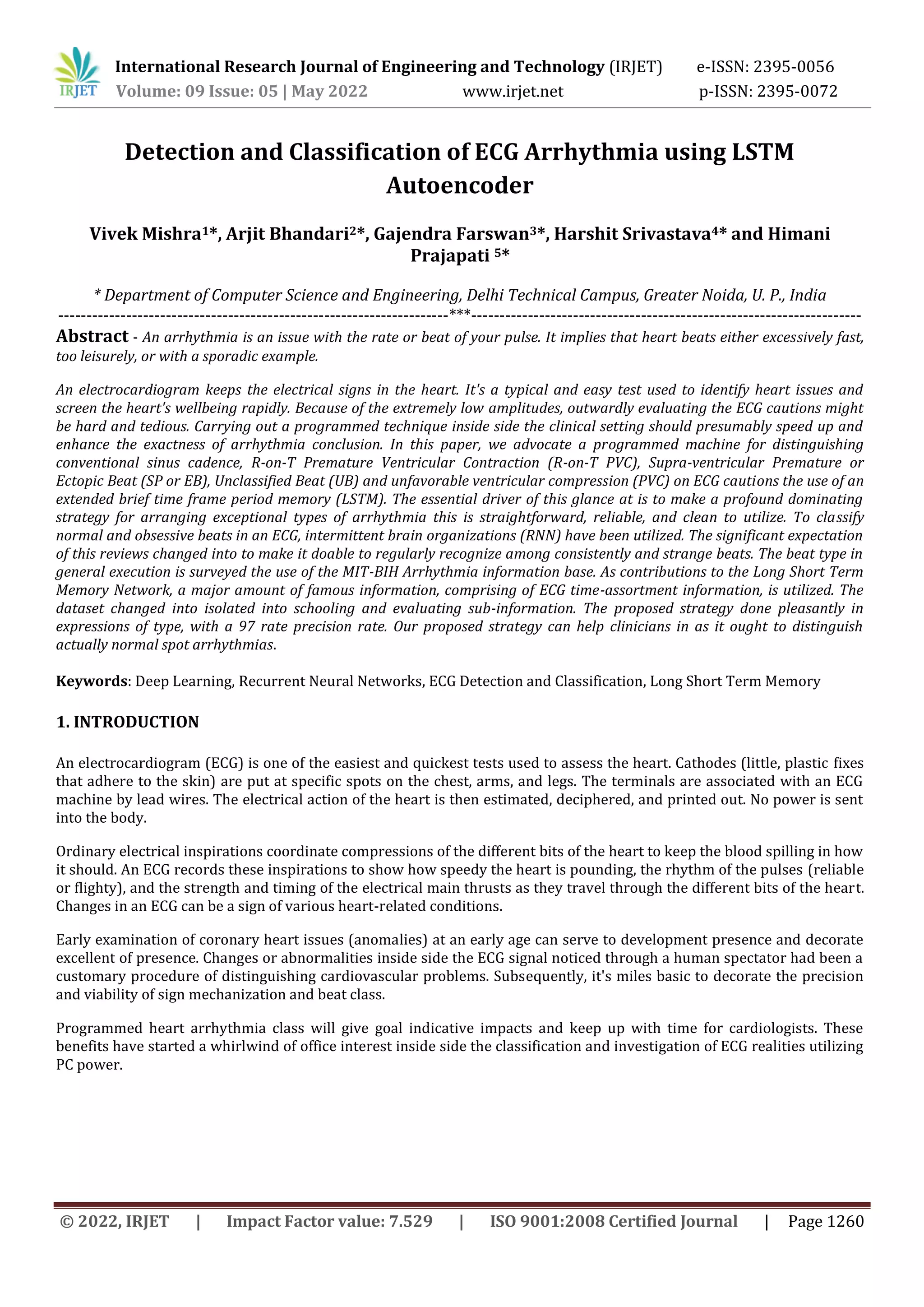 Detection and Classification of ECG Arrhythmia using LSTM Autoencoder | PDF