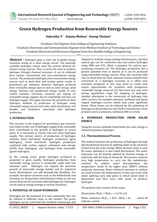 Green Hydrogen Production from Renewable Energy Sources | PDF