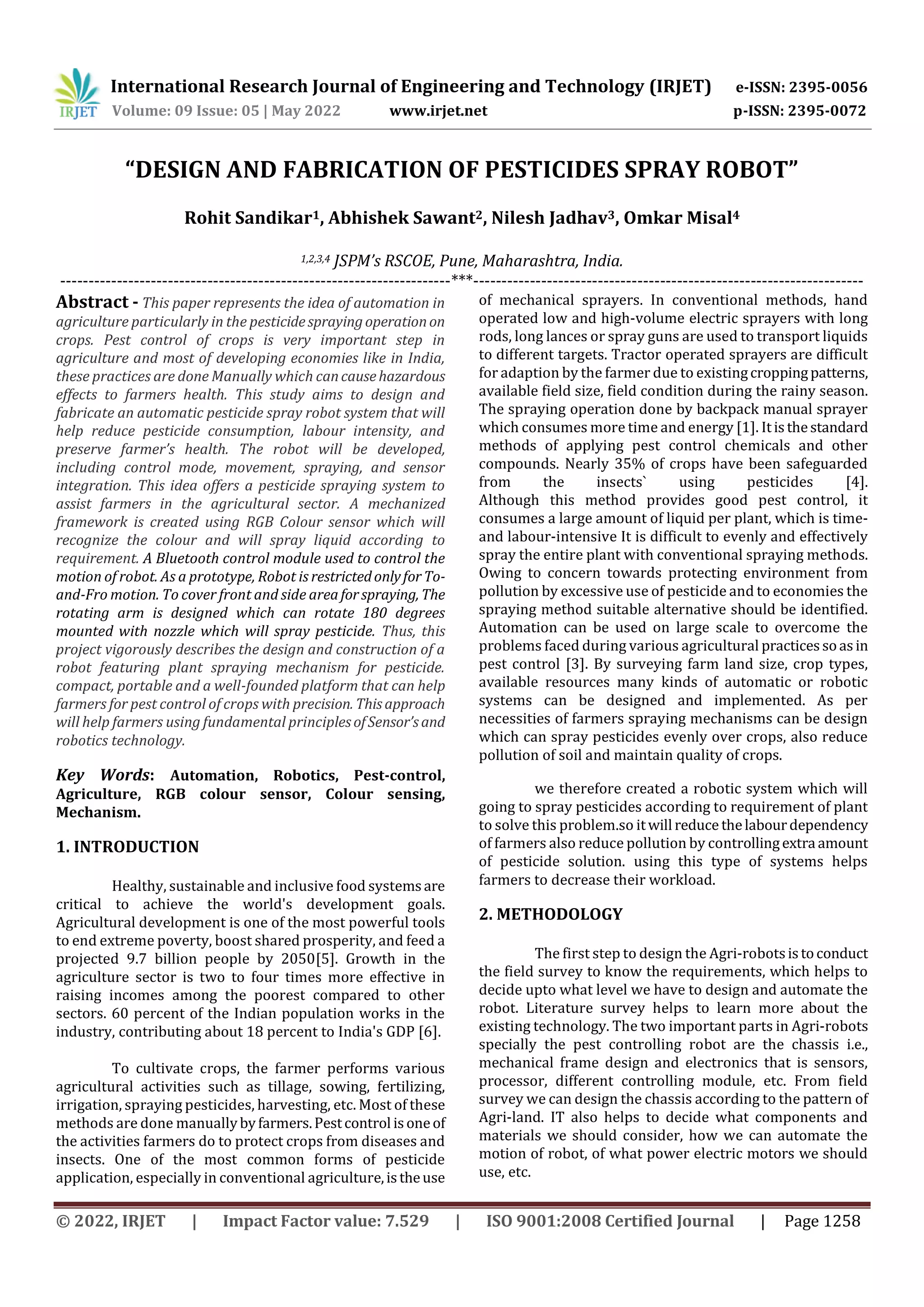 “DESIGN AND FABRICATION OF PESTICIDES SPRAY ROBOT” | PDF