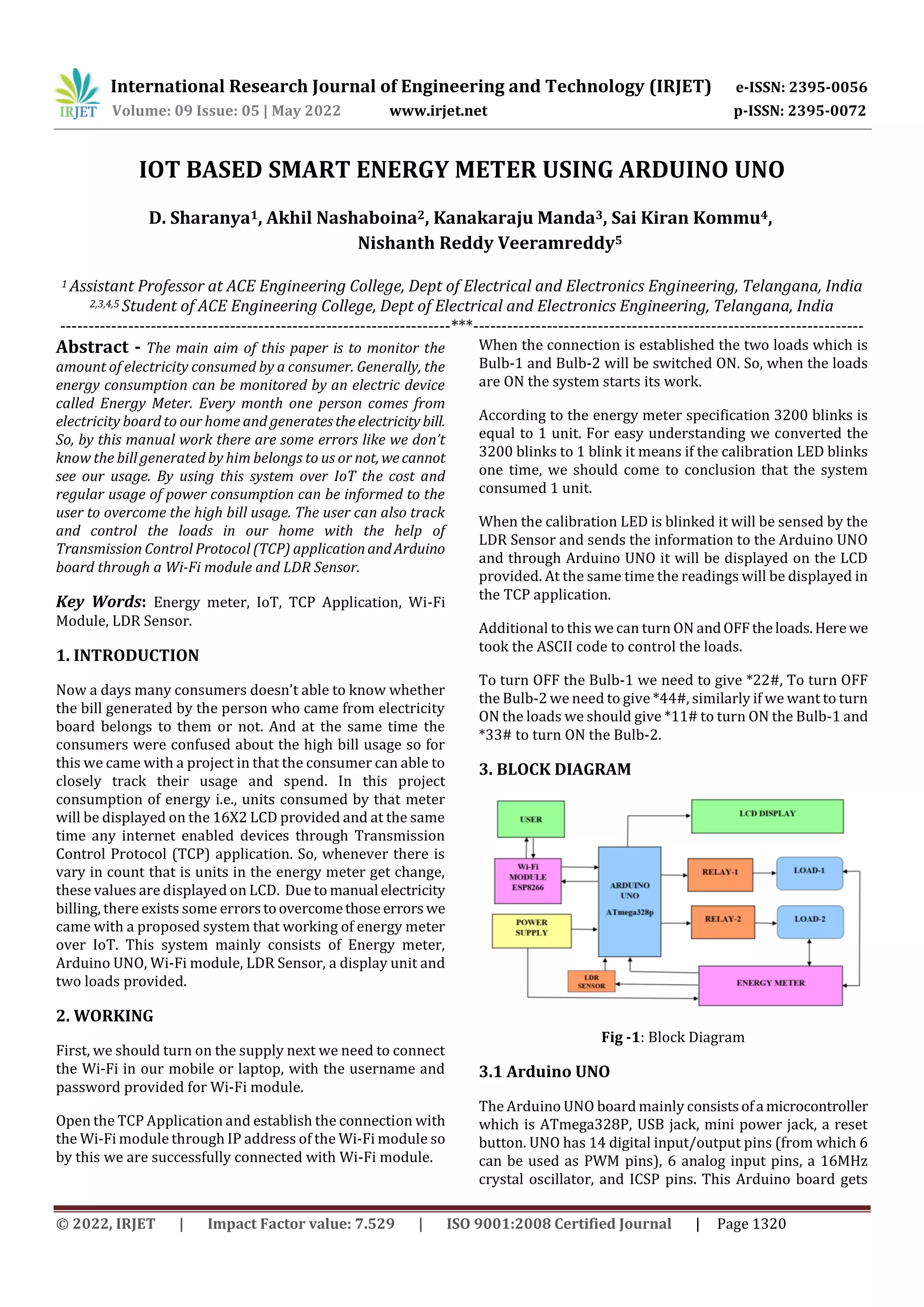 IOT BASED SMART ENERGY METER USING ARDUINO UNO PDF