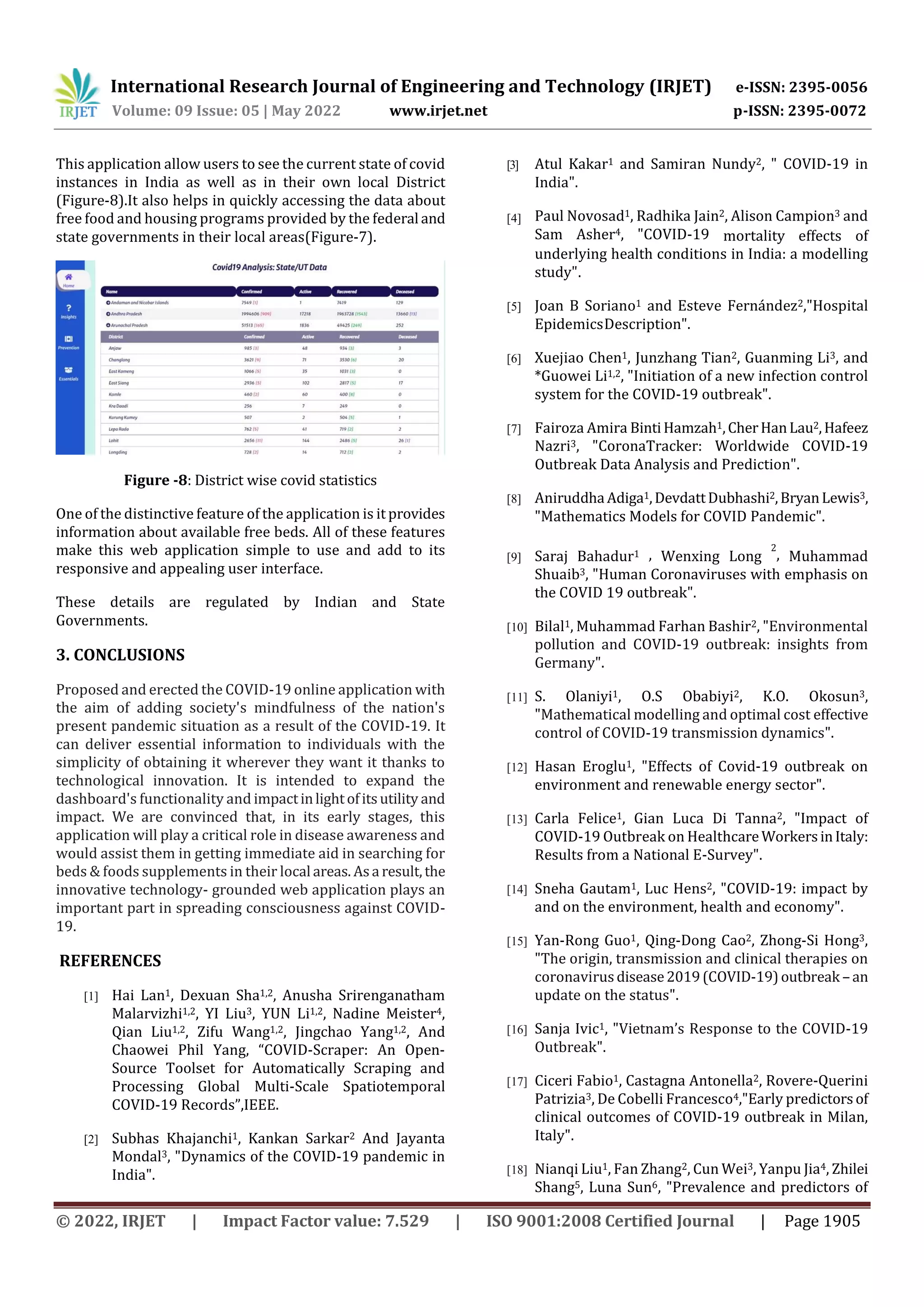 International Research Journal of Engineering and Technology (IRJET) e-ISSN: 2395-0056
Volume: 09 Issue: 05 | May 2022 www.irjet.net p-ISSN: 2395-0072
© 2022, IRJET | Impact Factor value: 7.529 | ISO 9001:2008 Certified Journal | Page 1905
This application allow users to see the current state of covid
instances in India as well as in their own local District
(Figure-8).It also helps in quickly accessing the data about
free food and housing programs provided by the federal and
state governments in their local areas(Figure-7).
Figure -8: District wise covid statistics
One of the distinctive feature of the application is it provides
information about available free beds. All of these features
make this web application simple to use and add to its
responsive and appealing user interface.
These details are regulated by Indian and State
Governments.
3. CONCLUSIONS
Proposed and erected the COVID-19 online application with
the aim of adding society's mindfulness of the nation's
present pandemic situation as a result of the COVID-19. It
can deliver essential information to individuals with the
simplicity of obtaining it wherever they want it thanks to
technological innovation. It is intended to expand the
dashboard's functionality and impactinlightofitsutility and
impact. We are convinced that, in its early stages, this
application will play a critical role in disease awareness and
would assist them in getting immediate aid in searching for
beds & foods supplements in their local areas. Asa result,the
innovative technology- grounded web application plays an
important part in spreading consciousness against COVID-
19.
REFERENCES
[1] Hai Lan1, Dexuan Sha1,2, Anusha Srirenganatham
Malarvizhi1,2, YI Liu3, YUN Li1,2, Nadine Meister4,
Qian Liu1,2, Zifu Wang1,2, Jingchao Yang1,2, And
Chaowei Phil Yang, “COVID-Scraper: An Open-
Source Toolset for Automatically Scraping and
Processing Global Multi-Scale Spatiotemporal
COVID-19 Records”,IEEE.
[2] Subhas Khajanchi1, Kankan Sarkar2 And Jayanta
Mondal3, "Dynamics of the COVID-19 pandemic in
India".
[3] Atul Kakar1 and Samiran Nundy2, " COVID-19 in
India".
[4] Paul Novosad1, Radhika Jain2, Alison Campion3 and
Sam Asher4, "COVID-19 mortality effects of
underlying health conditions in India: a modelling
study".
[5] Joan B Soriano1 and Esteve Fernández2,"Hospital
EpidemicsDescription".
[6] Xuejiao Chen1, Junzhang Tian2, Guanming Li3, and
*Guowei Li1,2, "Initiation of a new infection control
system for the COVID-19 outbreak".
[7] Fairoza Amira BintiHamzah1,CherHanLau2,Hafeez
Nazri3, "CoronaTracker: Worldwide COVID-19
Outbreak Data Analysis and Prediction".
[8] Aniruddha Adiga1,DevdattDubhashi2,BryanLewis3,
"Mathematics Models for COVID Pandemic".
[9] Saraj Bahadur1 , Wenxing Long
2
, Muhammad
Shuaib3, "Human Coronaviruses with emphasis on
the COVID 19 outbreak".
[10] Bilal1, Muhammad Farhan Bashir2, "Environmental
pollution and COVID-19 outbreak: insights from
Germany".
[11] S. Olaniyi1, O.S Obabiyi2, K.O. Okosun3,
"Mathematical modelling and optimal cost effective
control of COVID-19 transmission dynamics".
[12] Hasan Eroglu1, "Effects of Covid‐19 outbreak on
environment and renewable energy sector".
[13] Carla Felice1, Gian Luca Di Tanna2, "Impact of
COVID-19 Outbreak on HealthcareWorkersinItaly:
Results from a National E-Survey".
[14] Sneha Gautam1, Luc Hens2, "COVID‐19: impact by
and on the environment, health and economy".
[15] Yan-Rong Guo1, Qing-Dong Cao2, Zhong-Si Hong3,
"The origin, transmission and clinical therapies on
coronavirus disease2019(COVID-19)outbreak – an
update on the status".
[16] Sanja Ivic1, "Vietnam’s Response to the COVID-19
Outbreak".
[17] Ciceri Fabio1, Castagna Antonella2, Rovere-Querini
Patrizia3, De Cobelli Francesco4,"Early predictorsof
clinical outcomes of COVID-19 outbreak in Milan,
Italy".
[18] Nianqi Liu1, Fan Zhang2, Cun Wei3, Yanpu Jia4, Zhilei
Shang5, Luna Sun6, "Prevalence and predictors of
 
