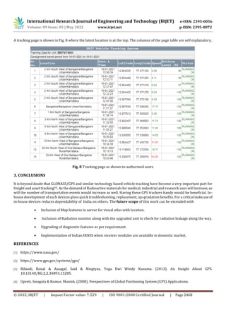 International Research Journal of Engineering and Technology (IRJET) e-ISSN: 2395-0056
Volume: 09 Issue: 05 | May 2022 www.irjet.net p-ISSN: 2395-0072
© 2022, IRJET | Impact Factor value: 7.529 | ISO 9001:2008 Certified Journal | Page 2468
A tracking page is shown in Fig. 8 where the latest location is at the top. The columns of the page table are self explanatory.
Fig. 8 Tracking page as shown to authorized users
3. CONCLUSIONS
It is beyond doubt that GLONASS/GPS and similar technology based vehicle tracking have become a very important part for
freight and asset tracking[4]. As the demand of Radioactive materials for medical, industrial and research uses will increase,so
will the number of transportation events would increase as well. Having these GPS trackers handy would be beneficial. In-
house development of such devices gives quick troubleshooting, replacement, up-gradation benefits. For a critical tasksuseof
in-house devices reduces dependability of India on others. The future scope of this work can be extended with
 Inclusion of Map features in server for visual atlas with location.
 Inclusion of Radiation monitor along with the upgraded unit to check for radiation leakage along the way.
 Upgrading of diagnostic features as per requirement.
 Implementation of Indian IRNSS when receiver modules are available in domestic market.
REFERENCES
[1] https://www.nasa.gov/
[2] https://www.gps.gov/systems/gps/
[3] Rifandi, Ronal & Assagaf, Said & Ningtyas, Yoga Dwi Windy Kusuma. (2013). An Insight About GPS.
10.13140/RG.2.2.34893.13285.
[4] Upreti, Swagata & Kumar, Manish. (2008). Perspectives of Global Positioning System (GPS) Applications.
 
