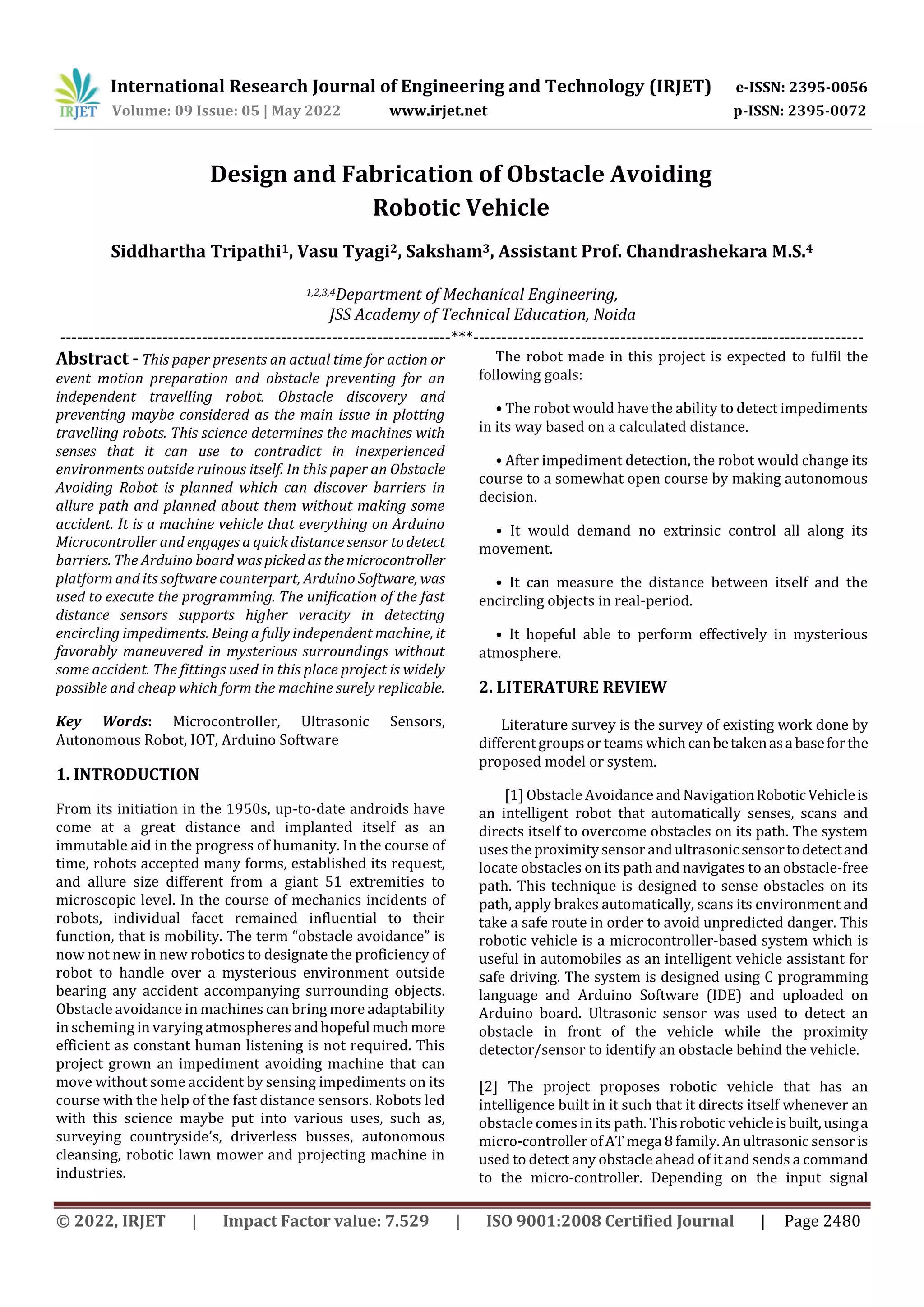 Design and Fabrication of Obstacle Avoiding Robotic Vehicle | PDF