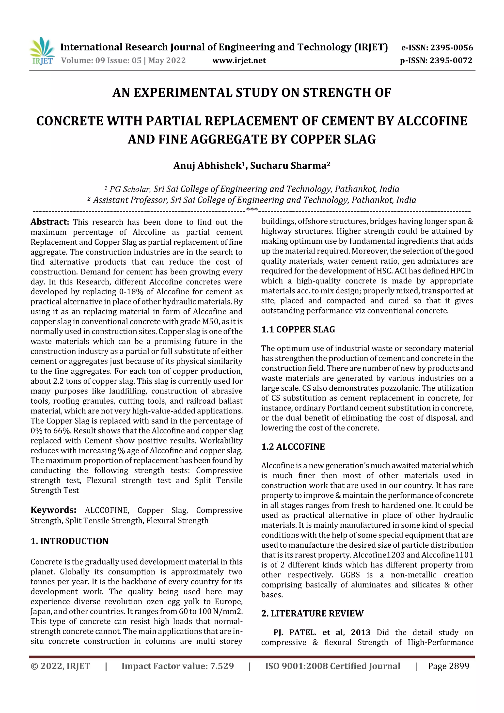 AN EXPERIMENTAL STUDY ON STRENGTH OF CONCRETE WITH PARTIAL REPLACEMENT ...