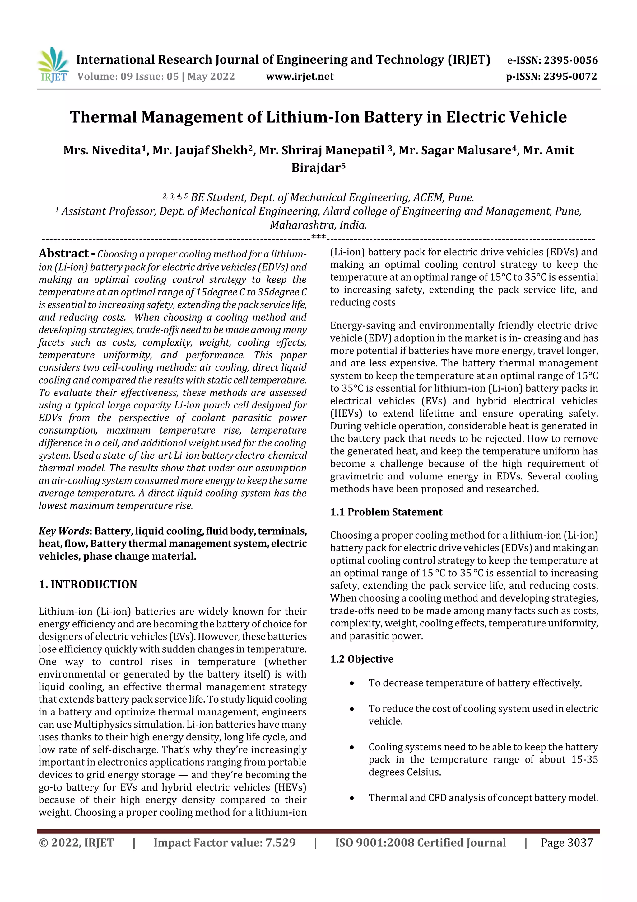 Thermal Management of Lithium-Ion Battery in Electric Vehicle | PDF